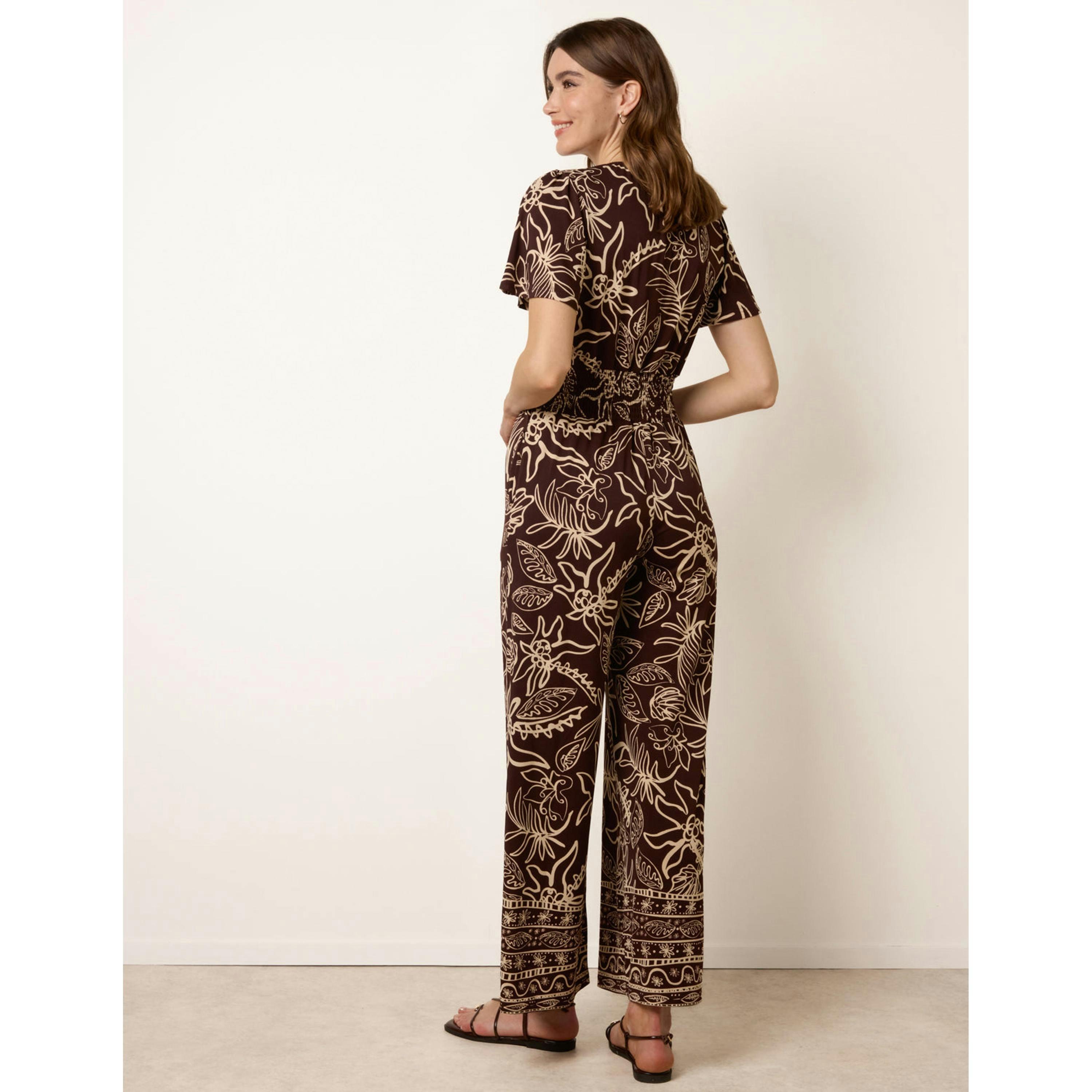 Blue Vanilla Tropical Print Shirred Waist Elasticated Round Neck Jumpsuit  in Brown , view 2 of 4