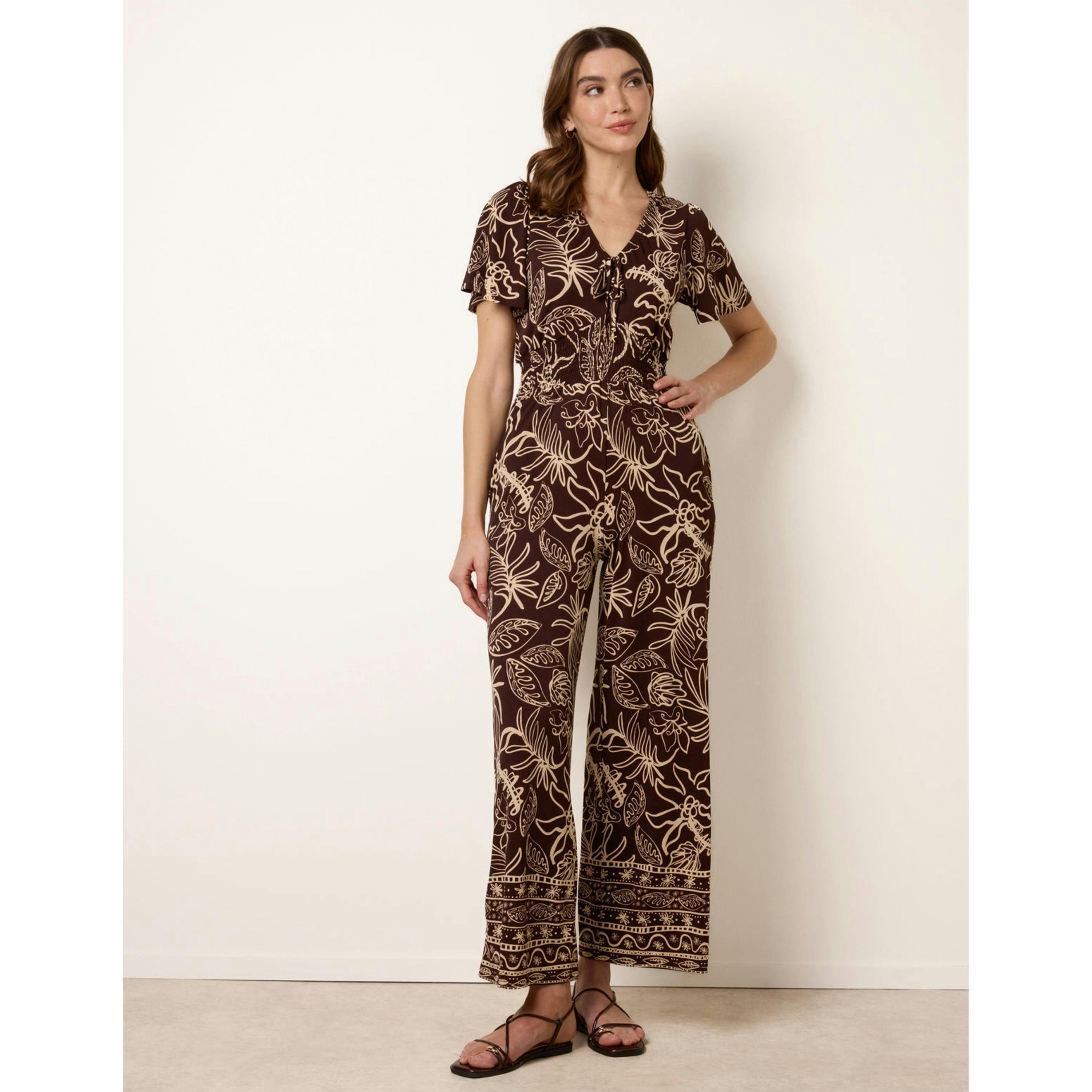 Blue Vanilla Tropical Print Shirred Waist Elasticated Round Neck Jumpsuit  in Brown , view 4 of 4