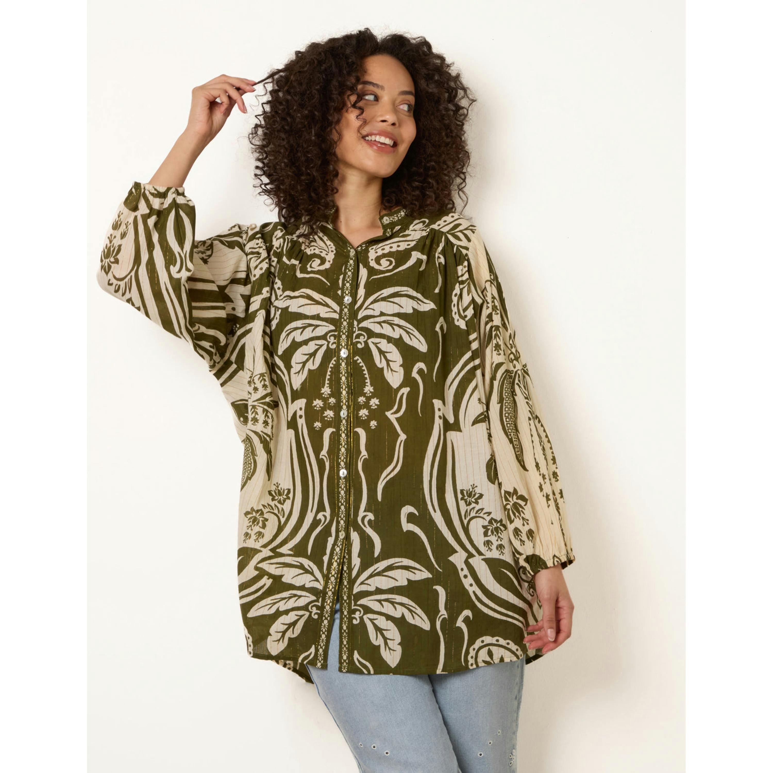 Blue Vanilla Tropical Lurex Oversized Shirt  in Khaki , view 1 of 4