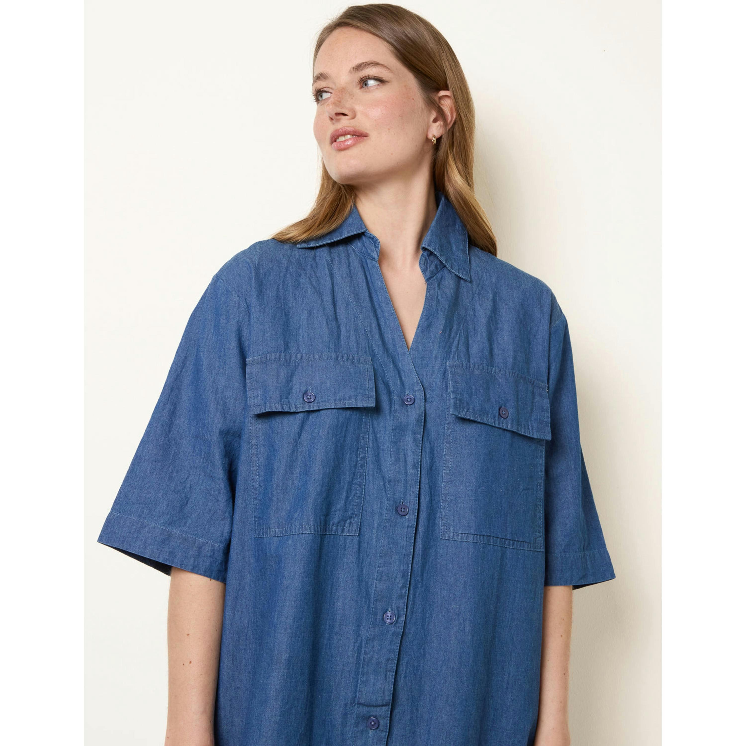 Blue Vanilla Button Front Denim Shirt Dress  in Blue , view 4 of 5