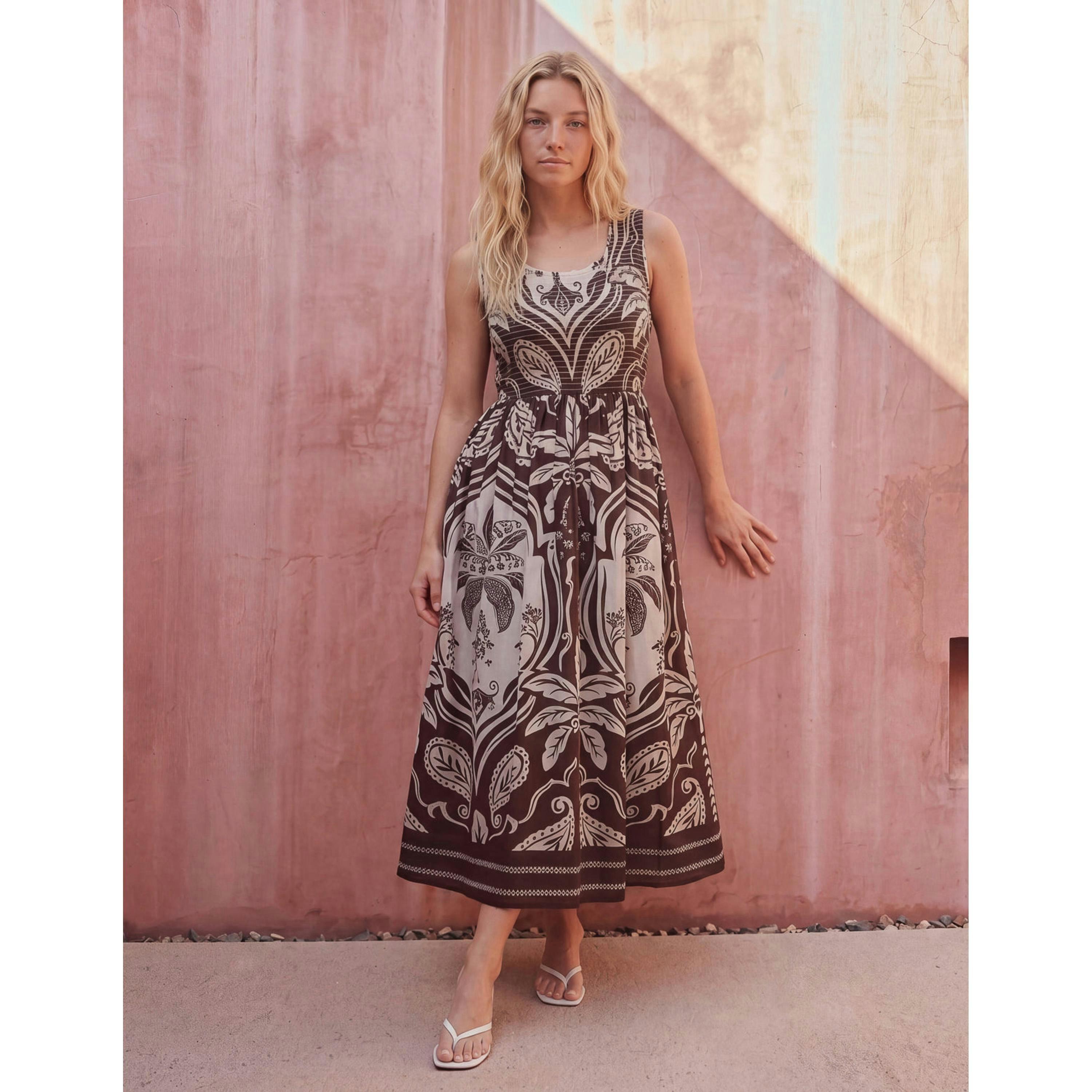 Blue Vanilla Sleeveless Shirred Dress  in Brown , view 5 of 5
