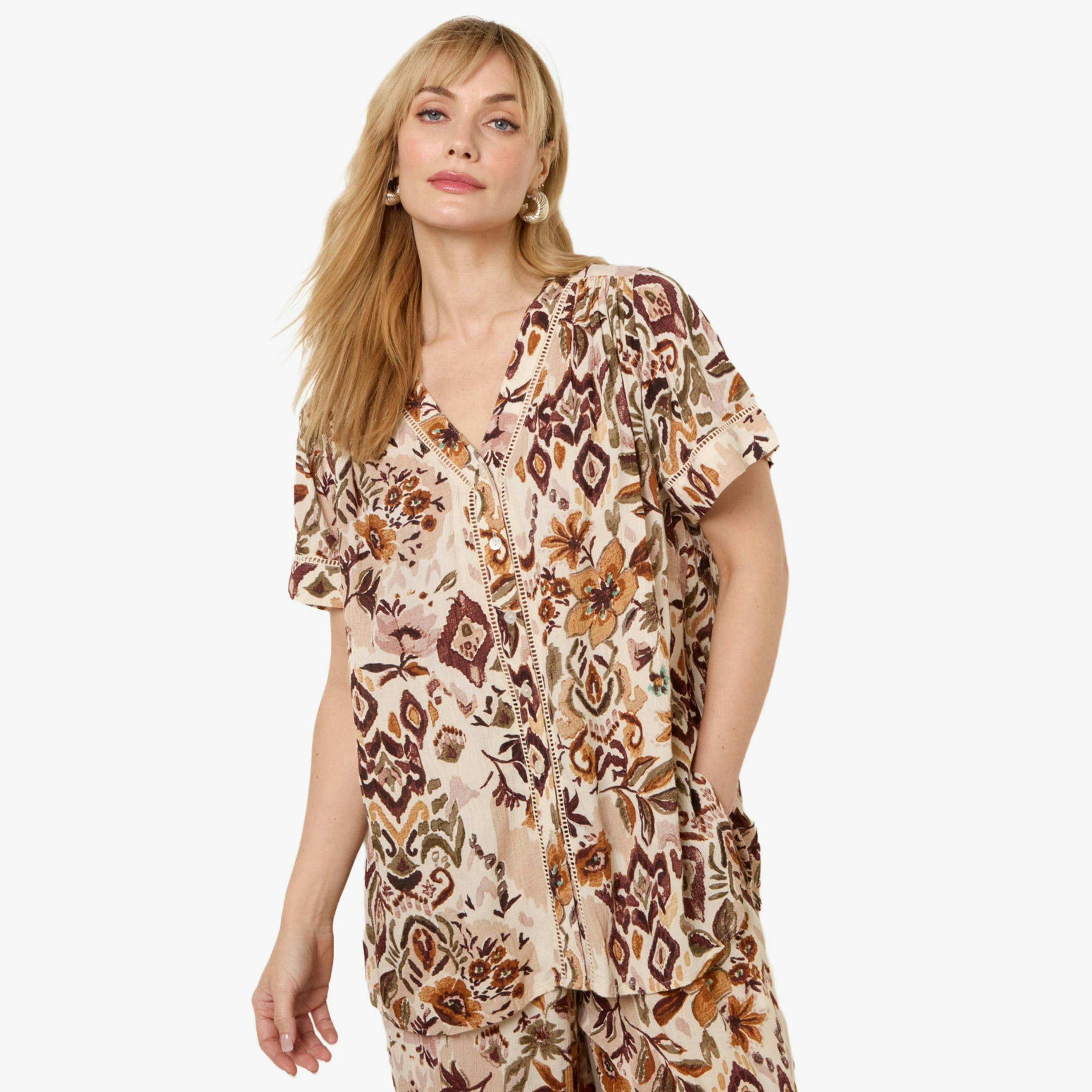 Blue Vanilla Paisley V Neck Collarless Shirt   in  Brown , view 1 of 4