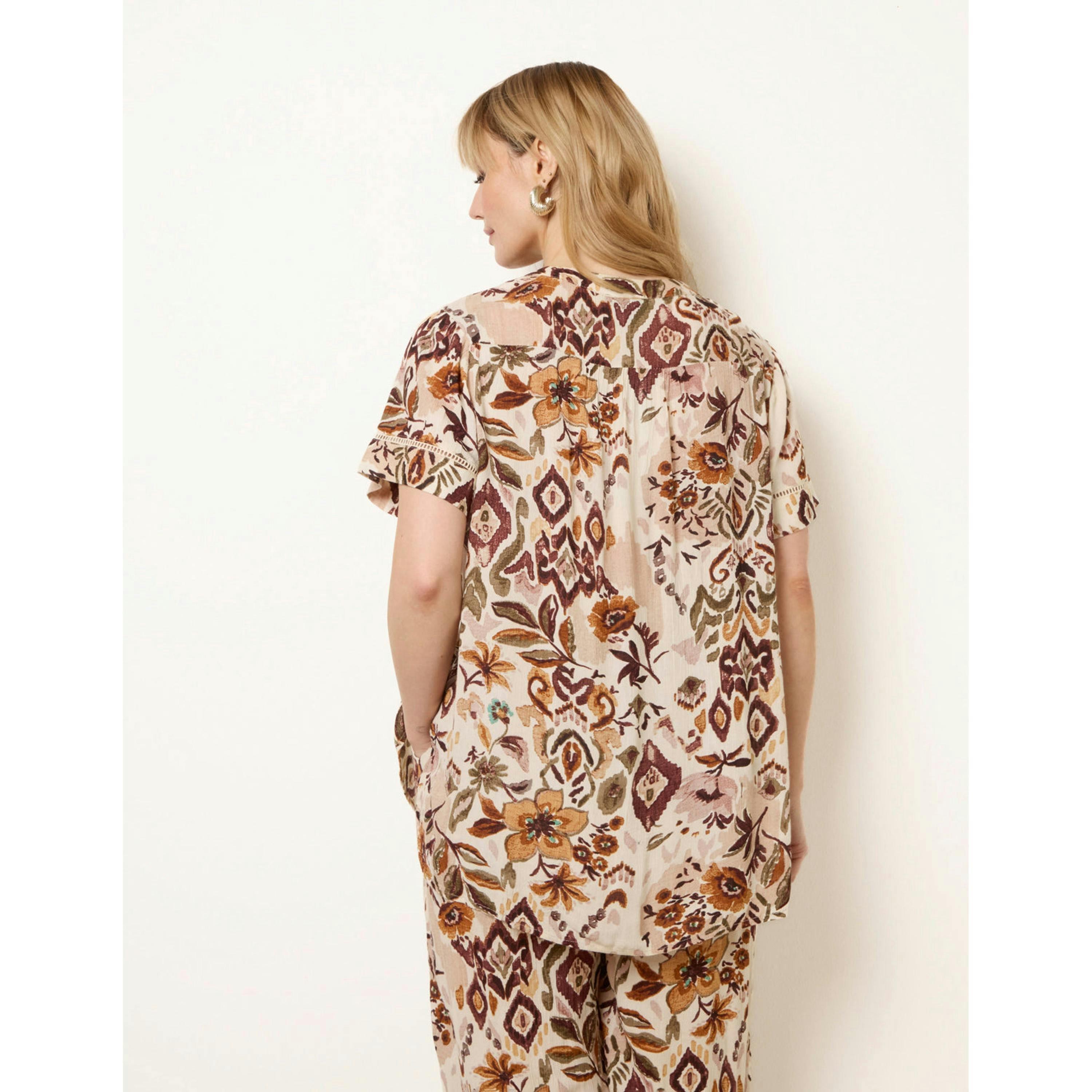 Blue Vanilla Paisley V Neck Collarless Shirt  in Brown , view 2 of 4
