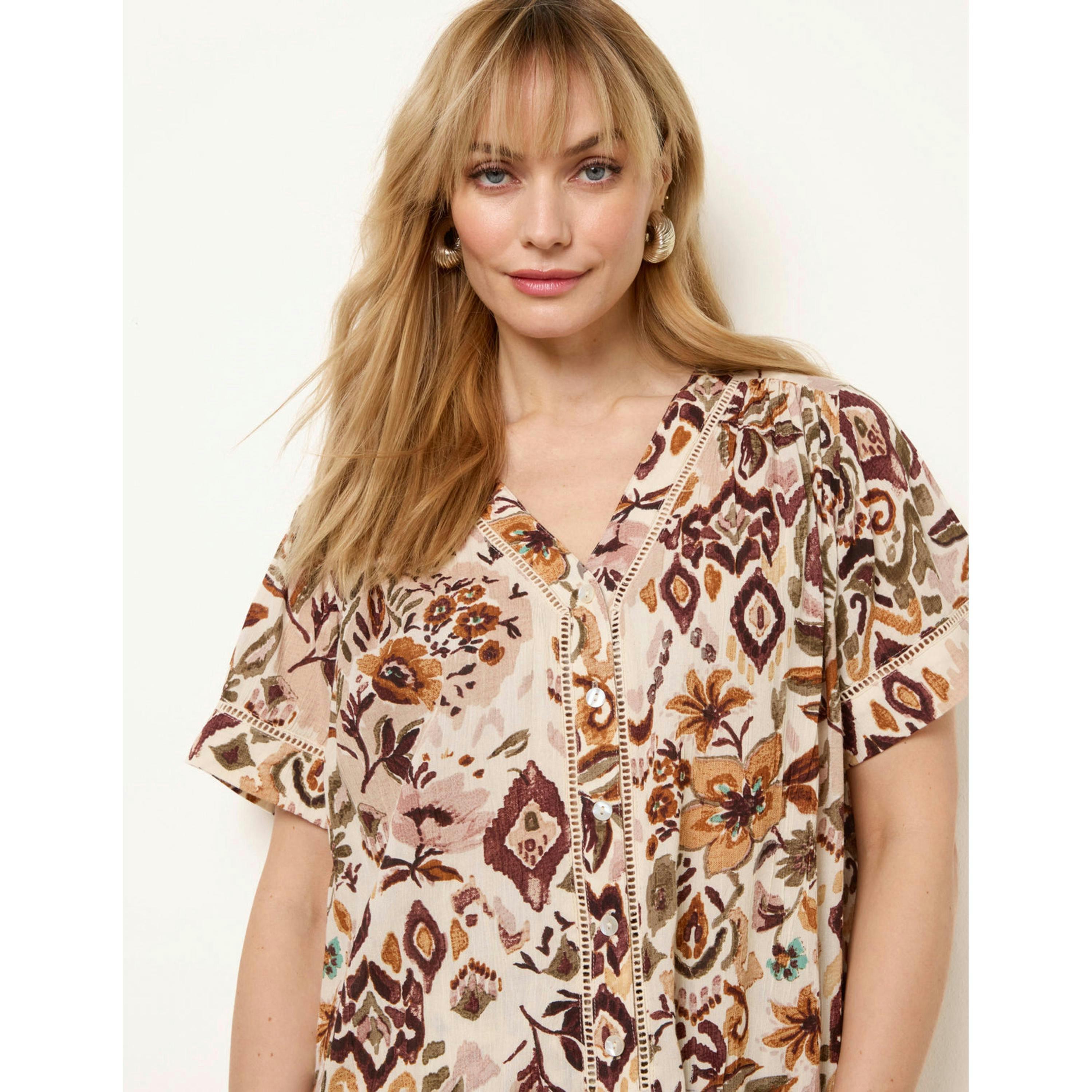 Blue Vanilla Paisley V Neck Collarless Shirt  in Brown , view 3 of 4