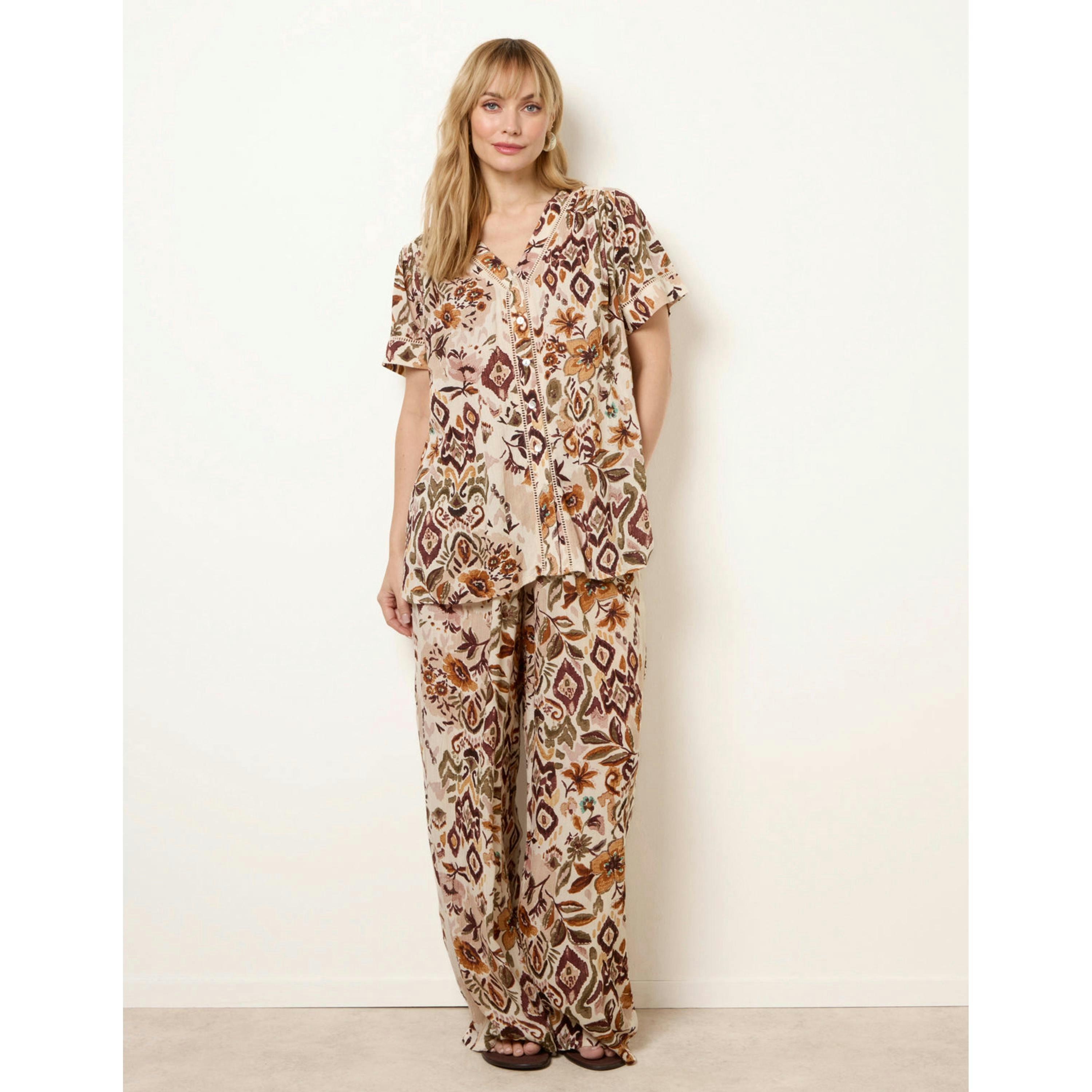 Blue Vanilla Paisley V Neck Collarless Shirt  in Brown , view 4 of 4