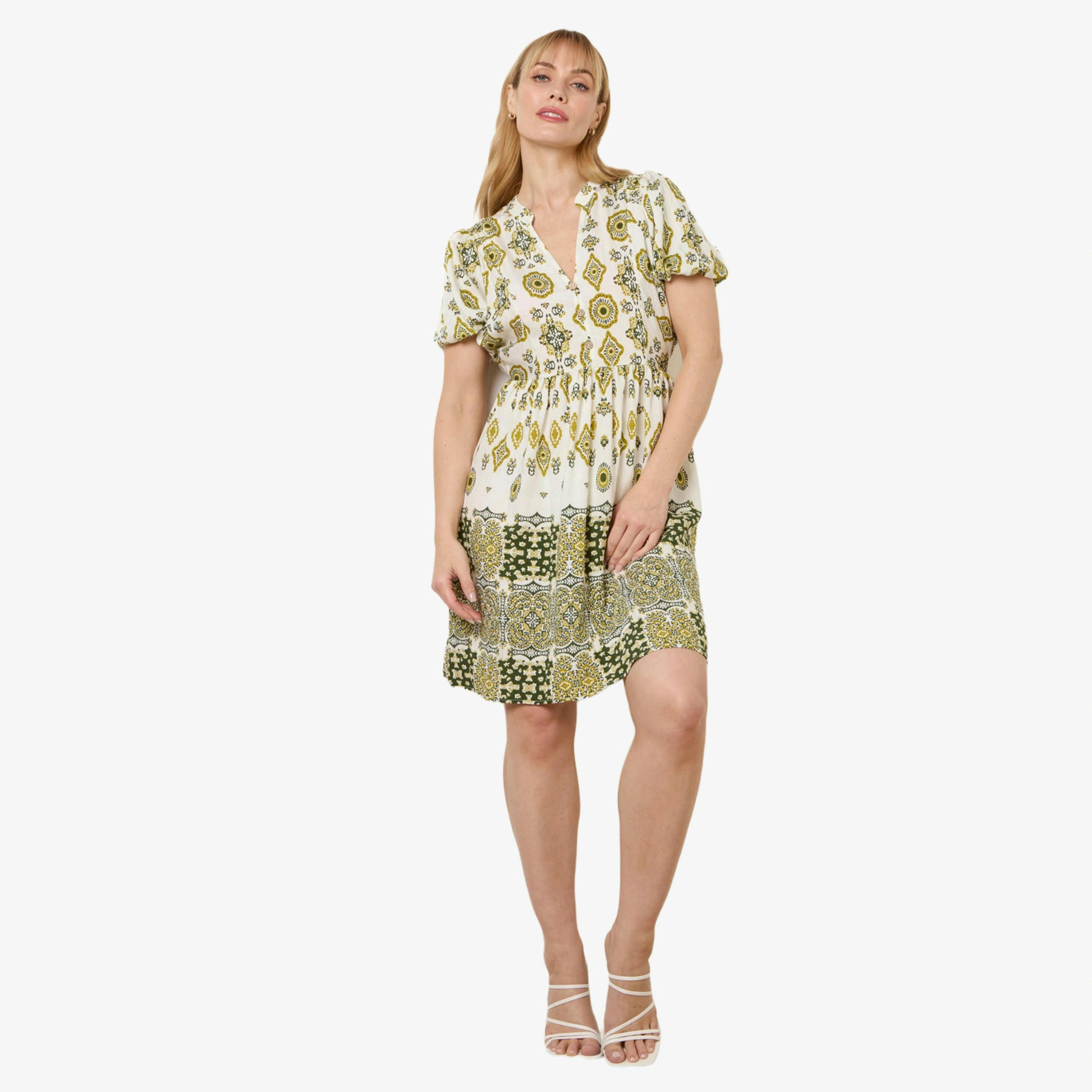 Blue Vanilla Abstract Print Button Front Mini Dress   in  Green , view 1 of 4