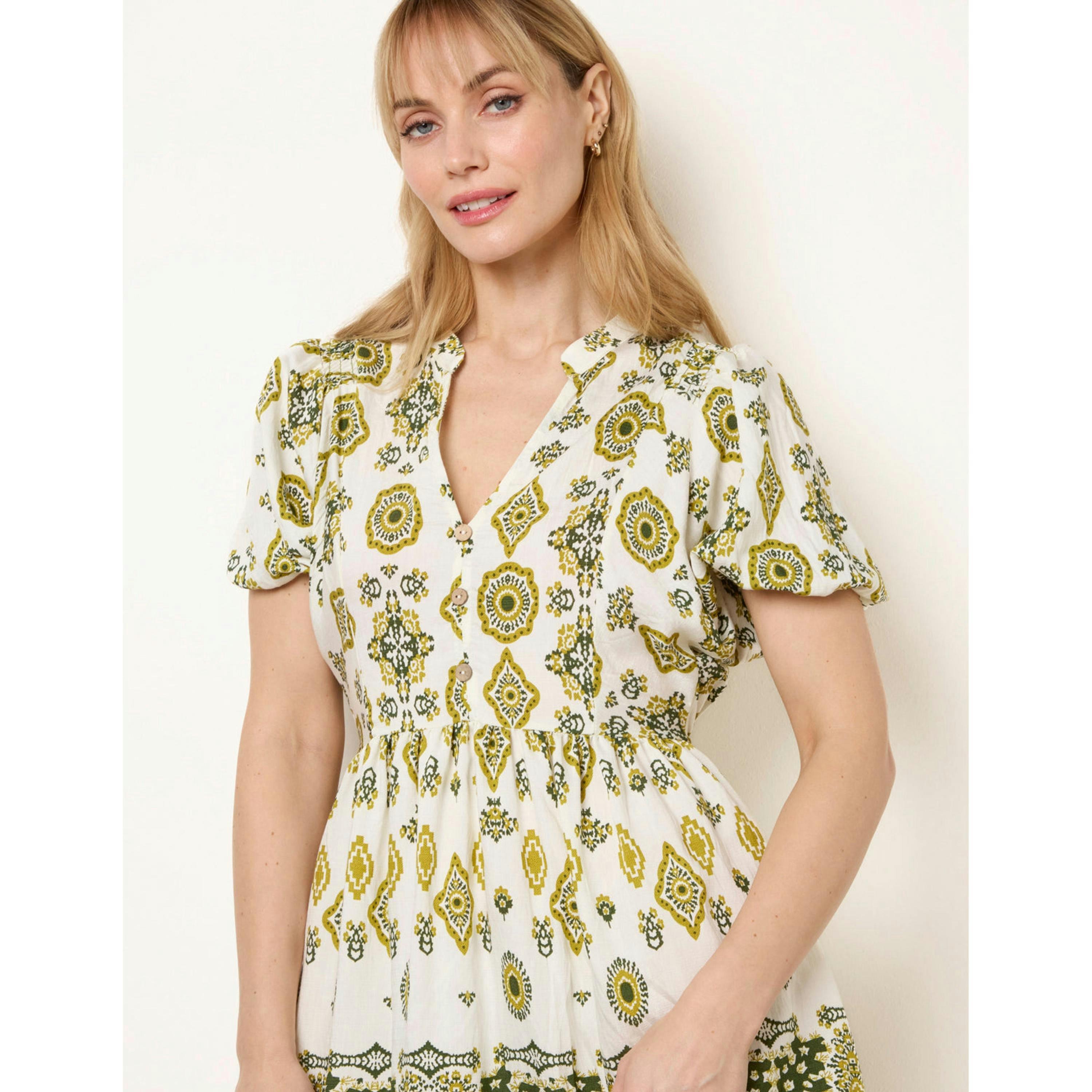 Blue Vanilla Abstract Print Button Front Mini Dress  in Green , view 3 of 4