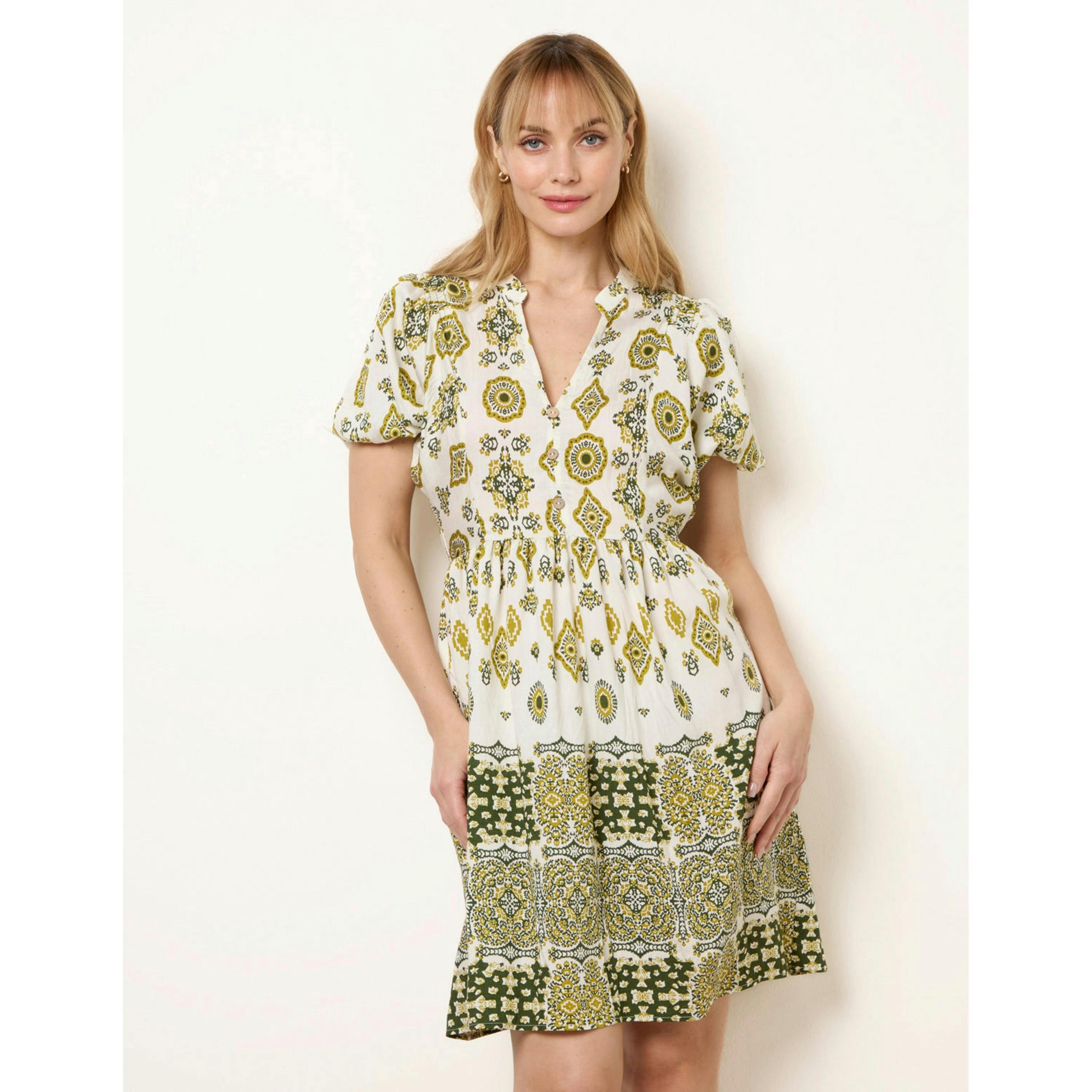 Blue Vanilla Abstract Print Button Front Mini Dress  in Green , view 4 of 4