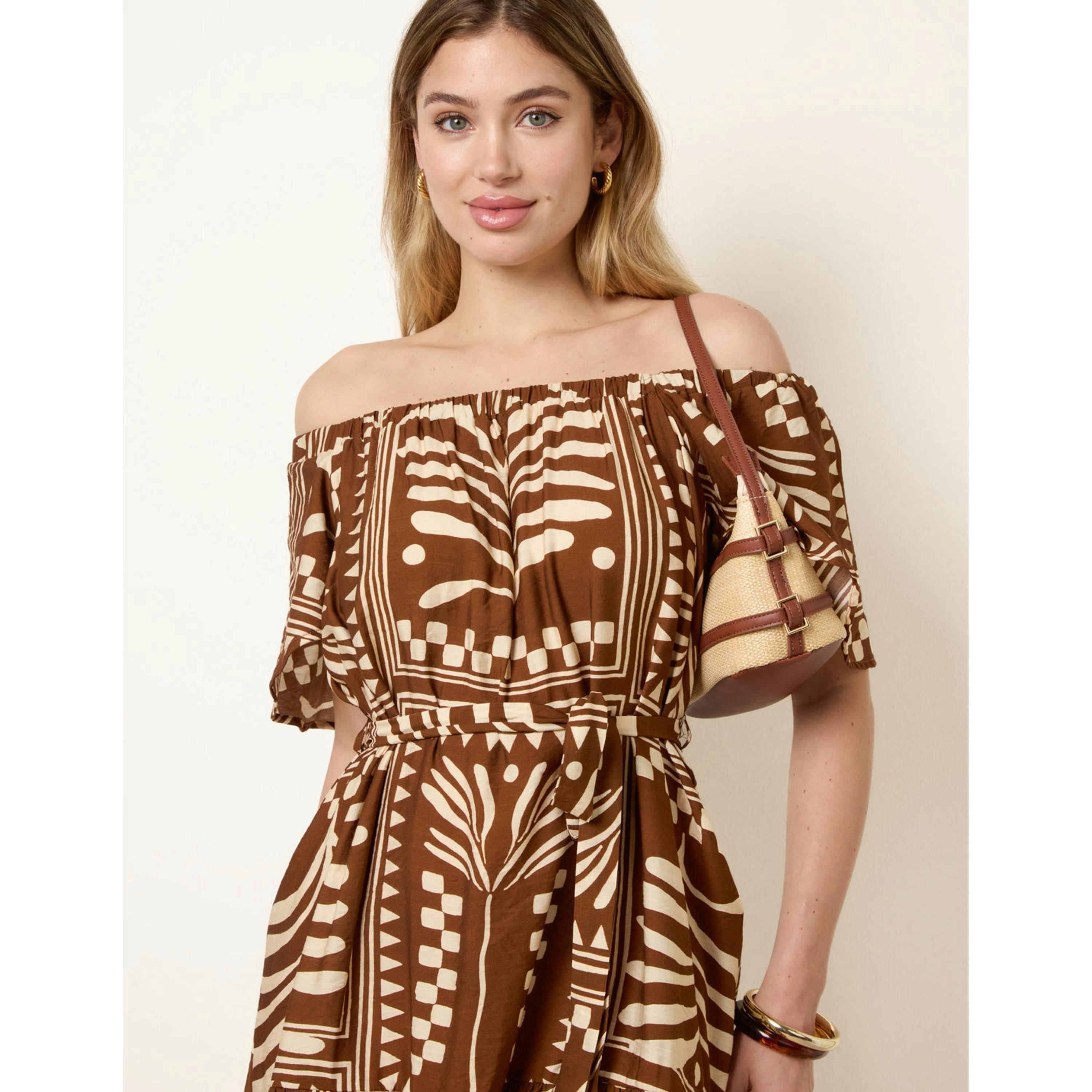 Blue Vanilla Bardot Off The Shoulder Dress  in Brown , view 3 of 4