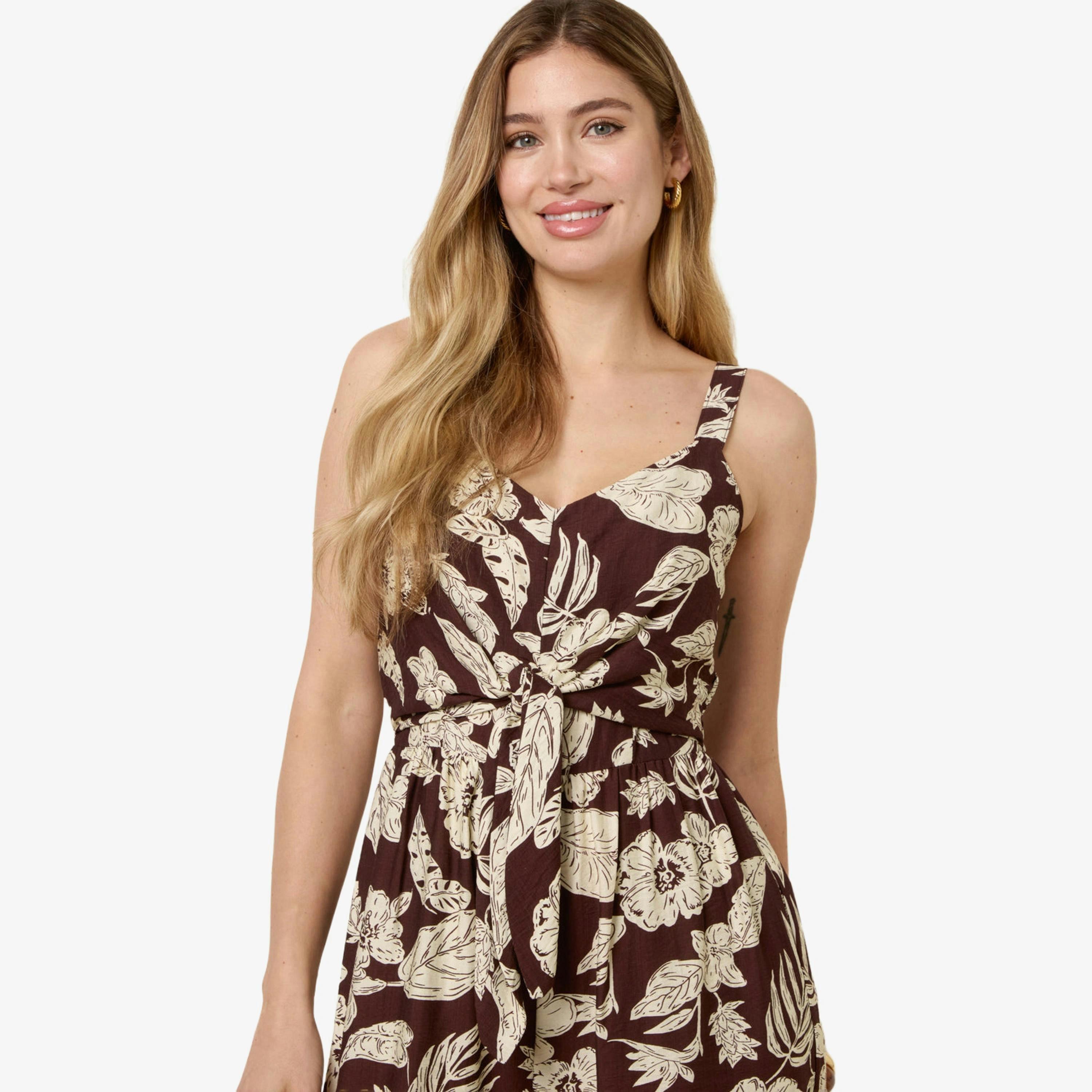 Blue Vanilla Tropical Tie Front Jumpsuit   in  Brown , view 1 of 4