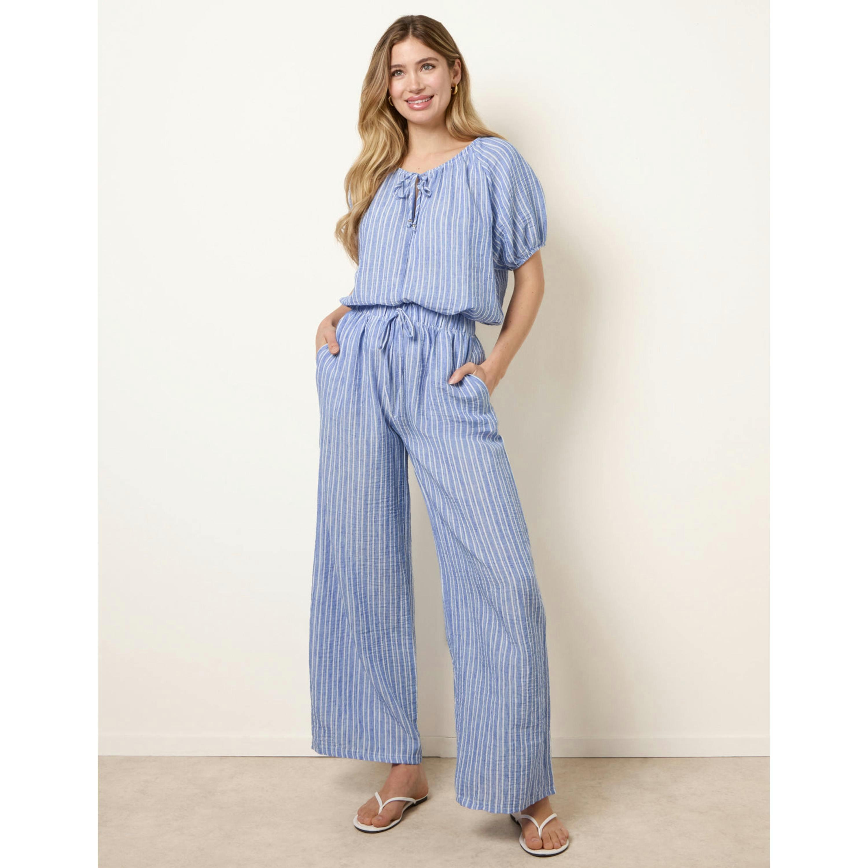 Blue Vanilla Tie Waist Stripe Wide Leg Trousers   in  Blue , view 1 of 4