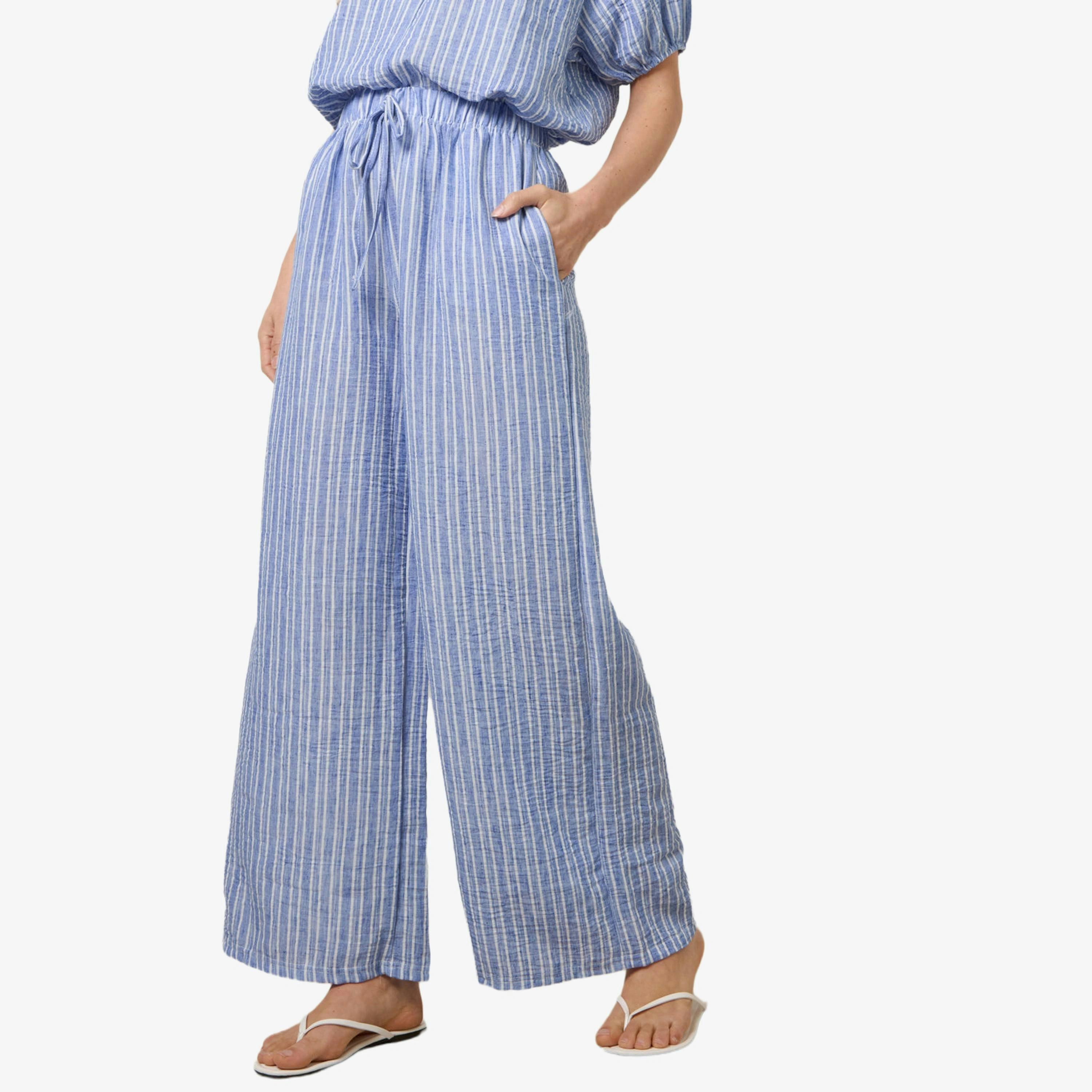Blue Vanilla Tie Waist Stripe Wide Leg Trousers  in Blue , view 3 of 4