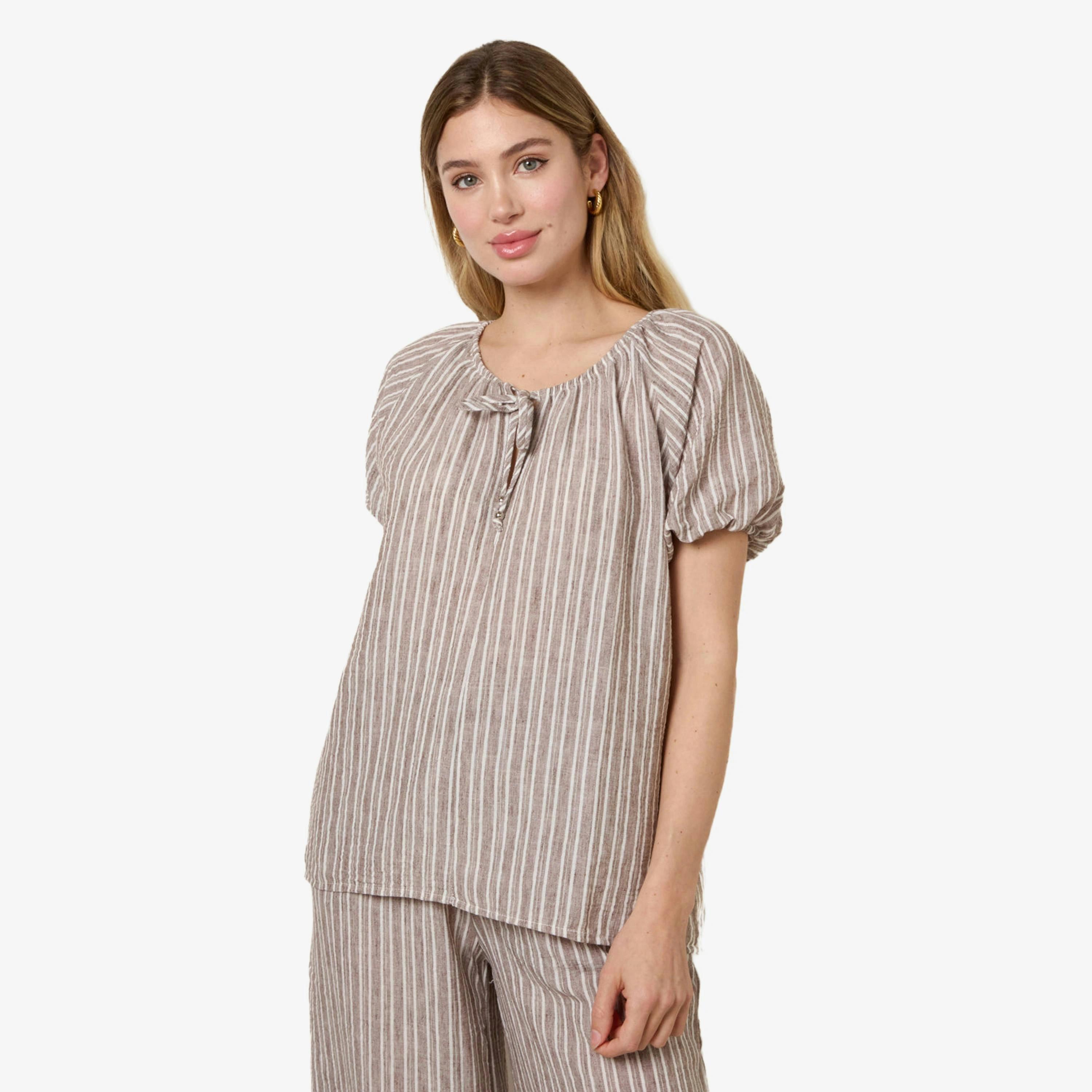 Blue Vanilla Tie Front Stripe Blouse   in  Brown , view 1 of 4