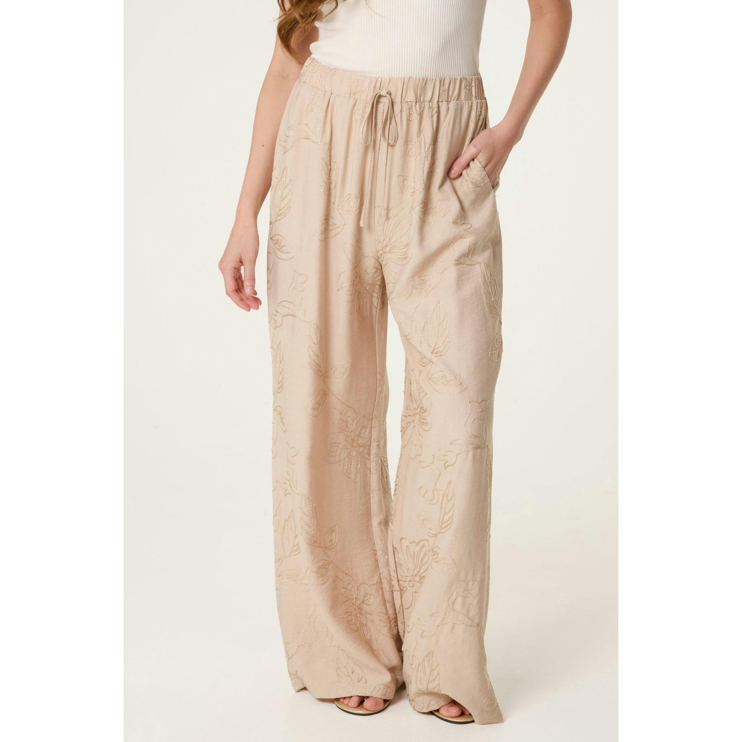 Blue Vanilla Embroidered Pattern Wide-Leg Trousers   in  Stone , view 1 of 4