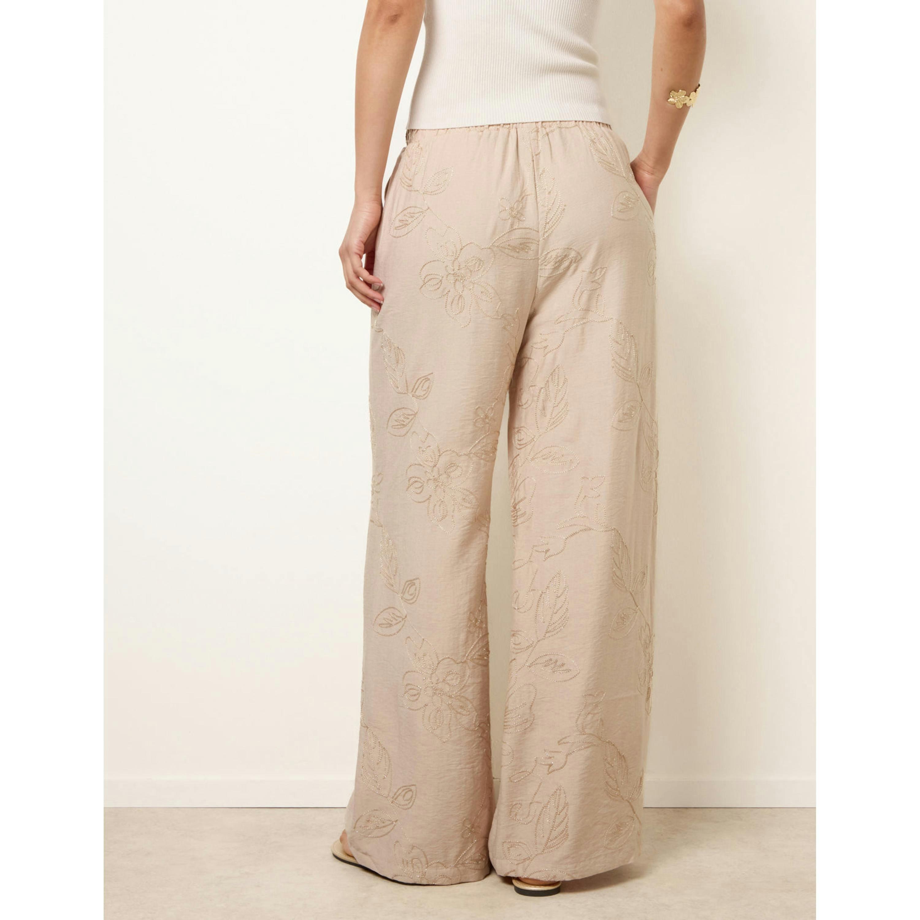 Blue Vanilla Embroidered Pattern Wide-Leg Trousers  in Stone , view 2 of 4