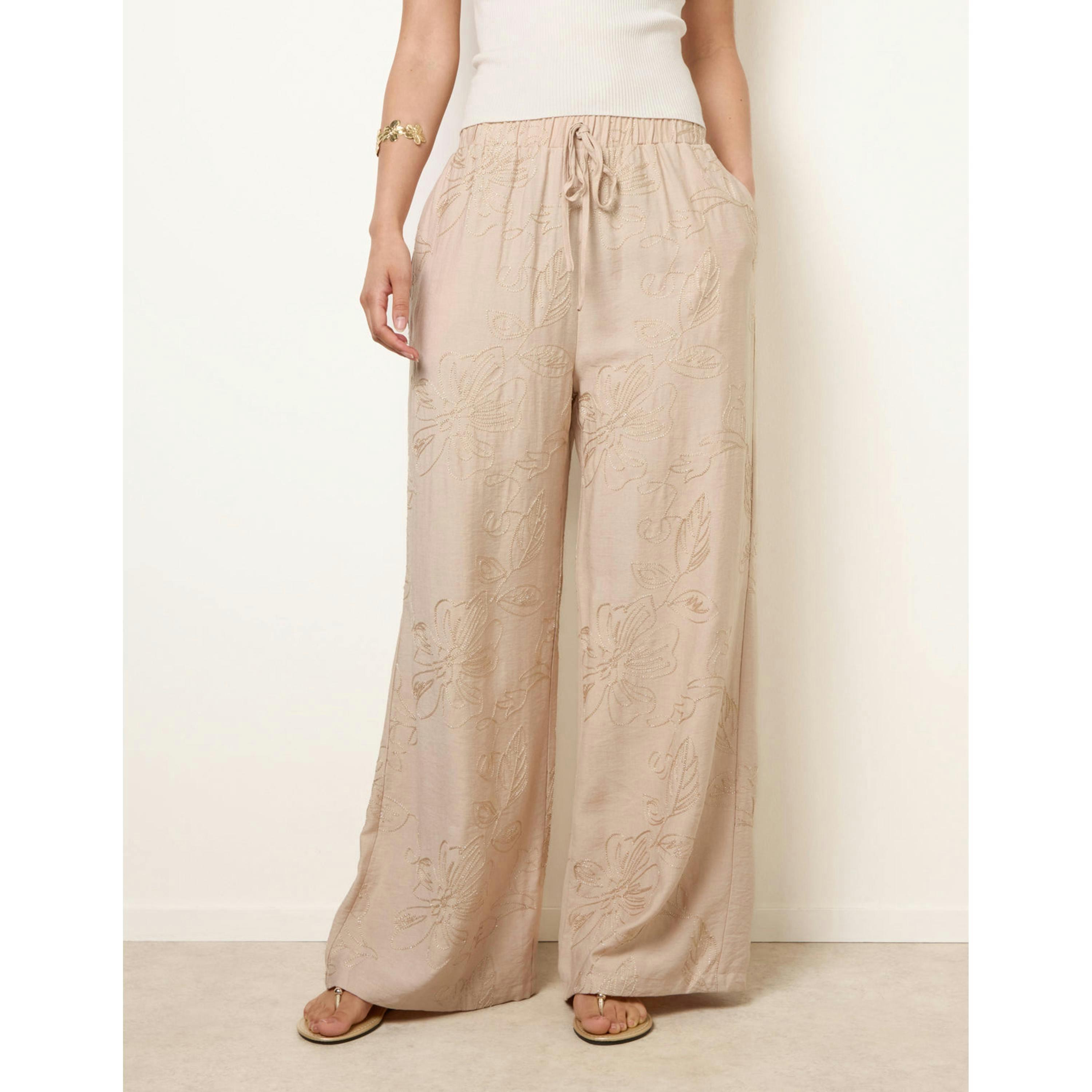 Blue Vanilla Embroidered Pattern Wide-Leg Trousers  in Stone , view 3 of 4