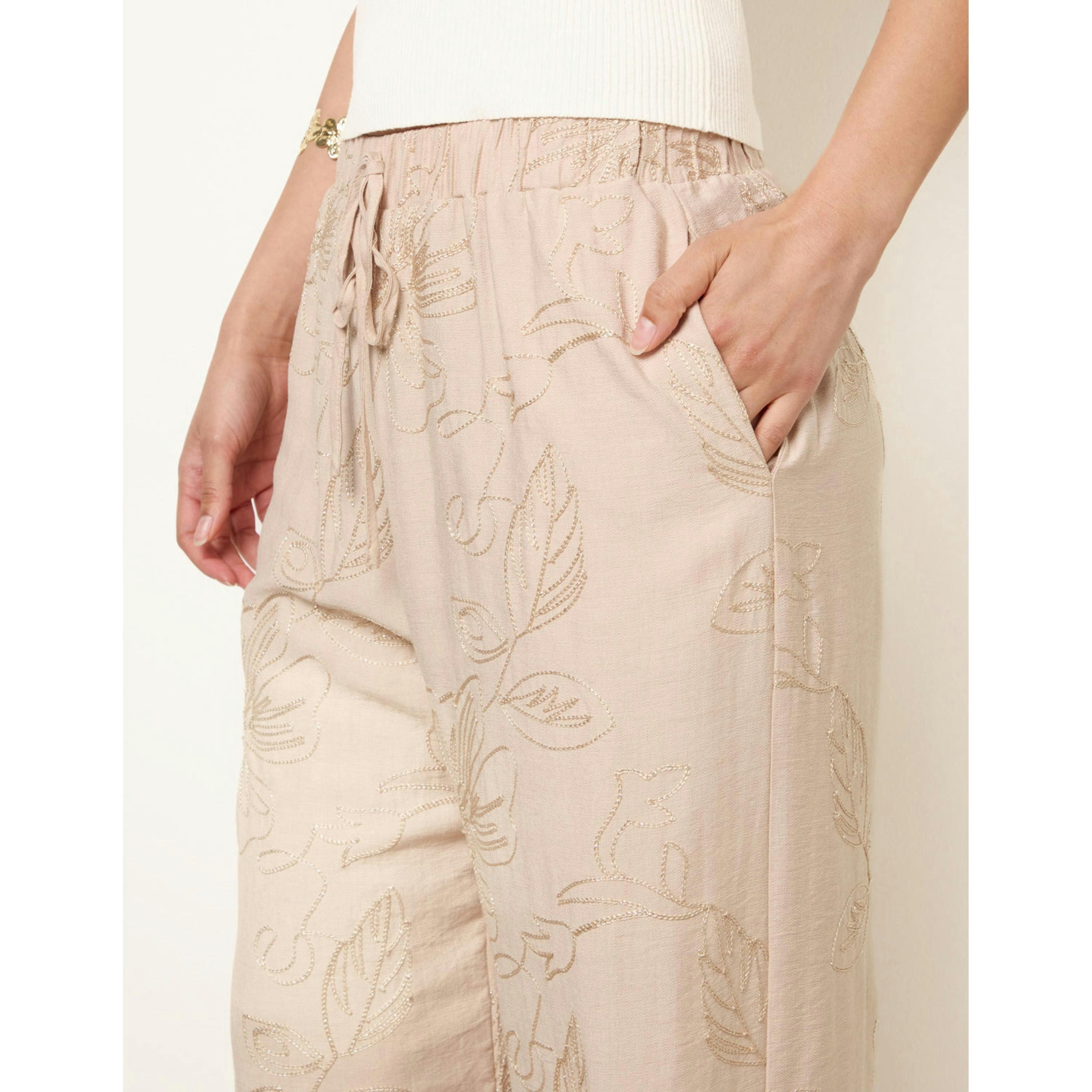 Blue Vanilla Embroidered Pattern Wide-Leg Trousers  in Stone , view 4 of 4