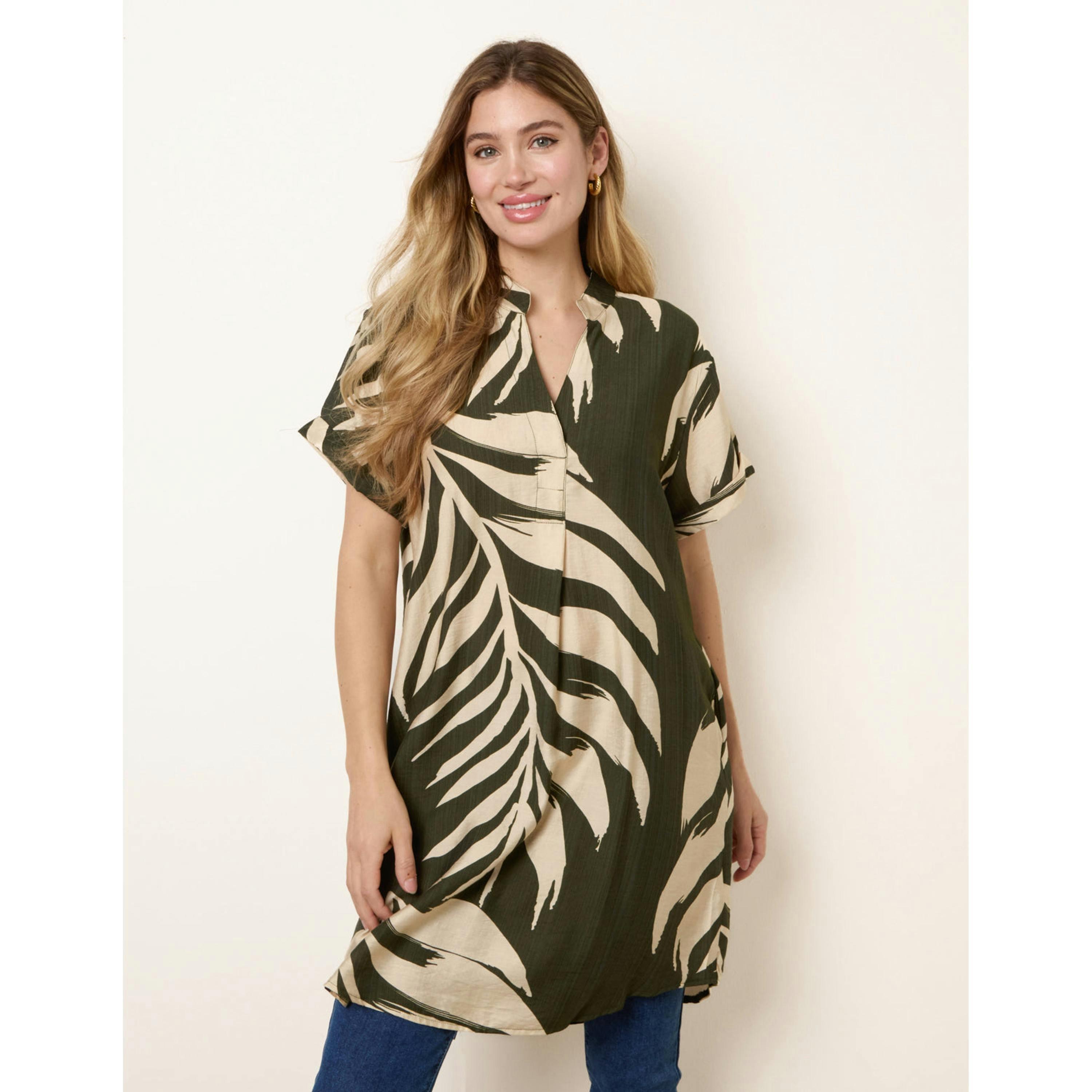 Blue Vanilla Palm Print Tunic Top  in Khaki , view 1 of 4