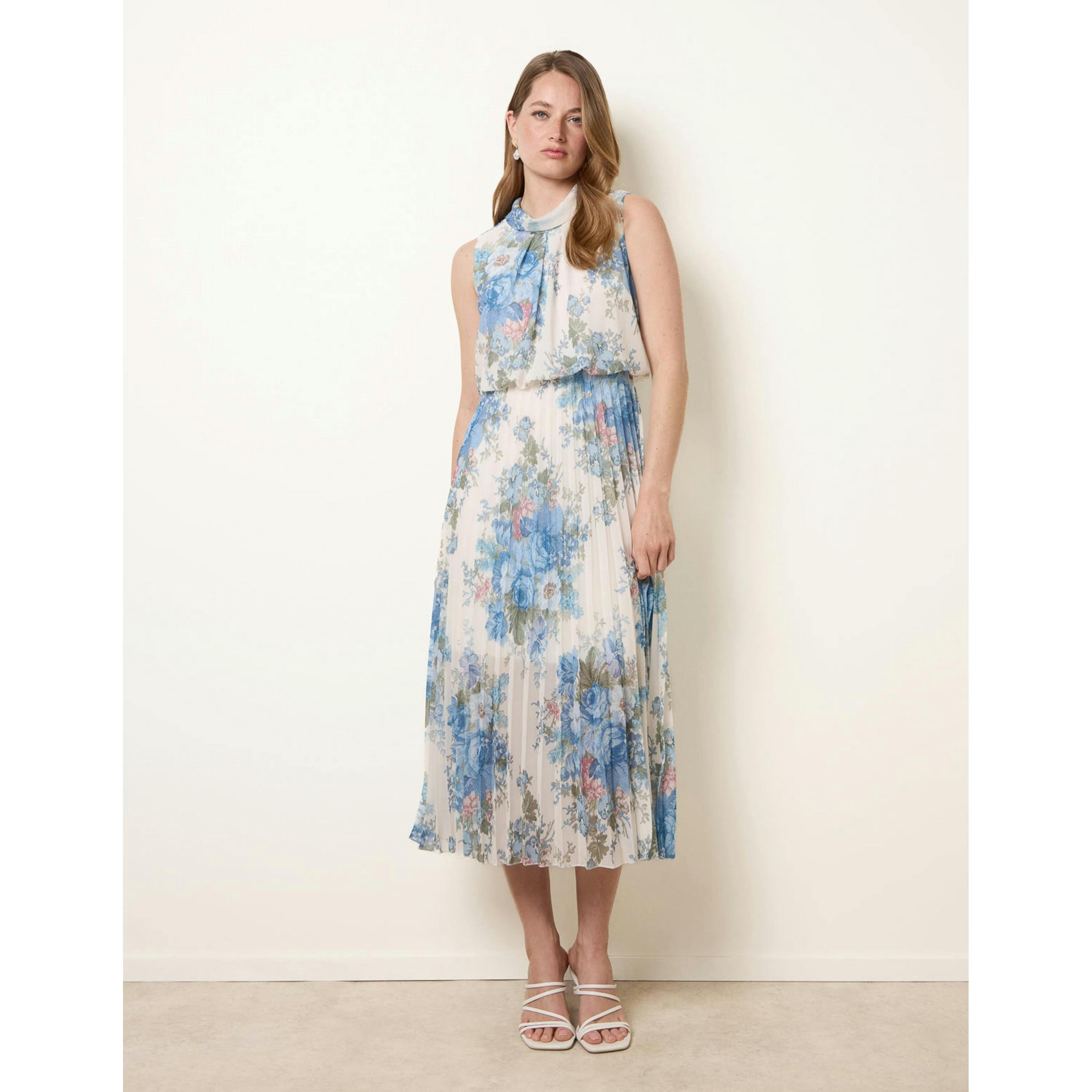 Blue Vanilla Printed Sleeveless Cowl Neck Pleated Dress  in White , view 1 of 4