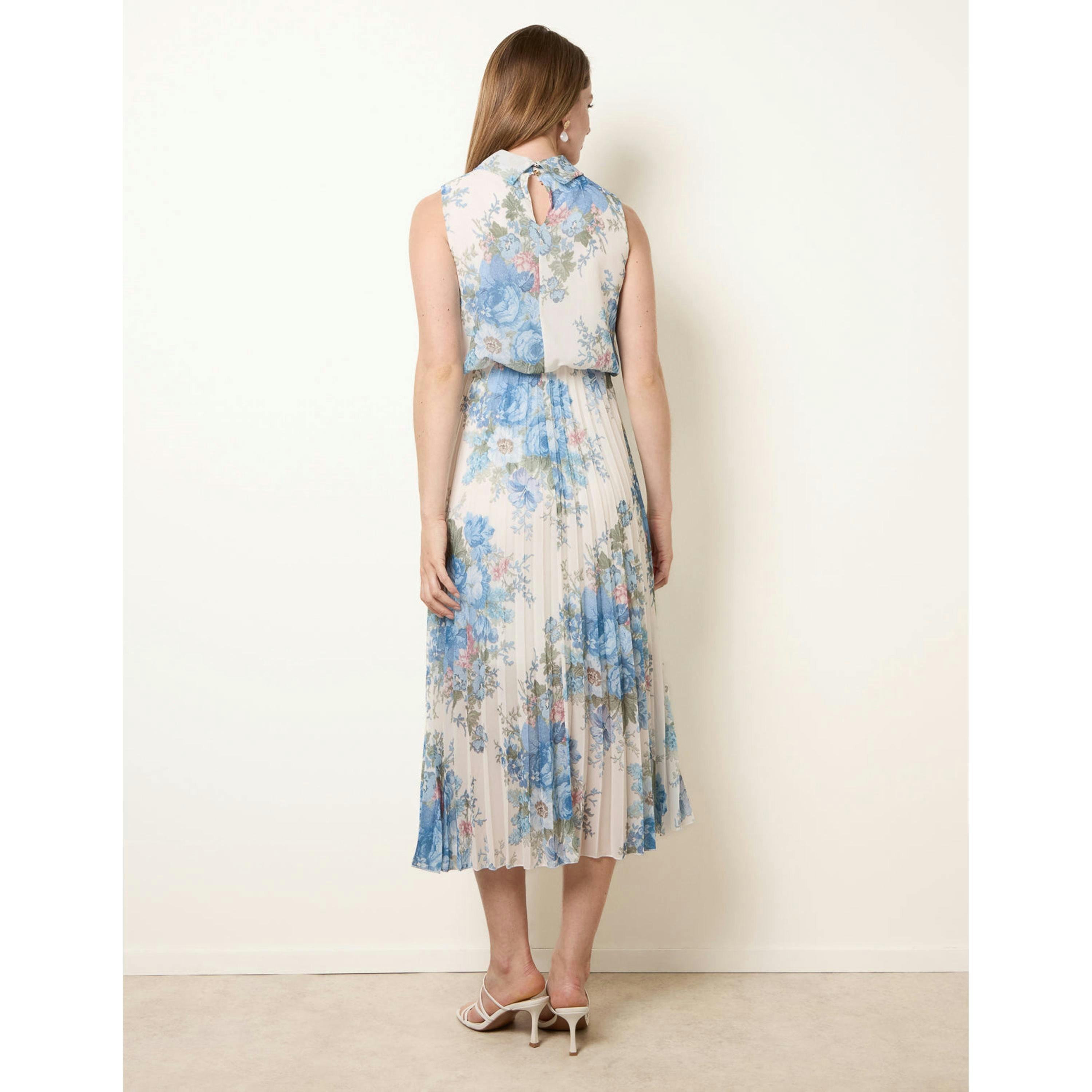 Blue Vanilla Printed Sleeveless Cowl Neck Pleated Dress  in White , view 2 of 4