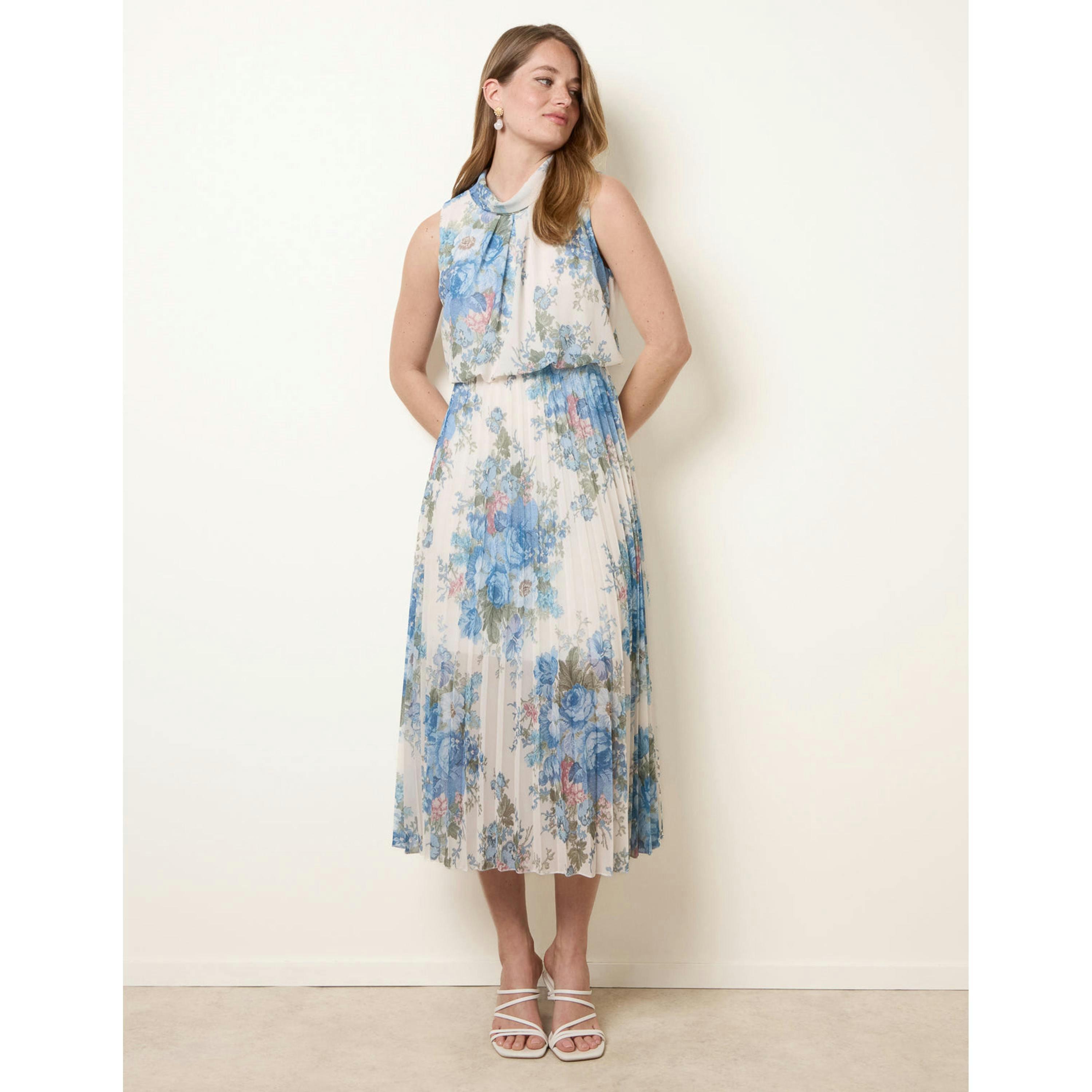Blue Vanilla Printed Sleeveless Cowl Neck Pleated Dress  in White , view 4 of 4