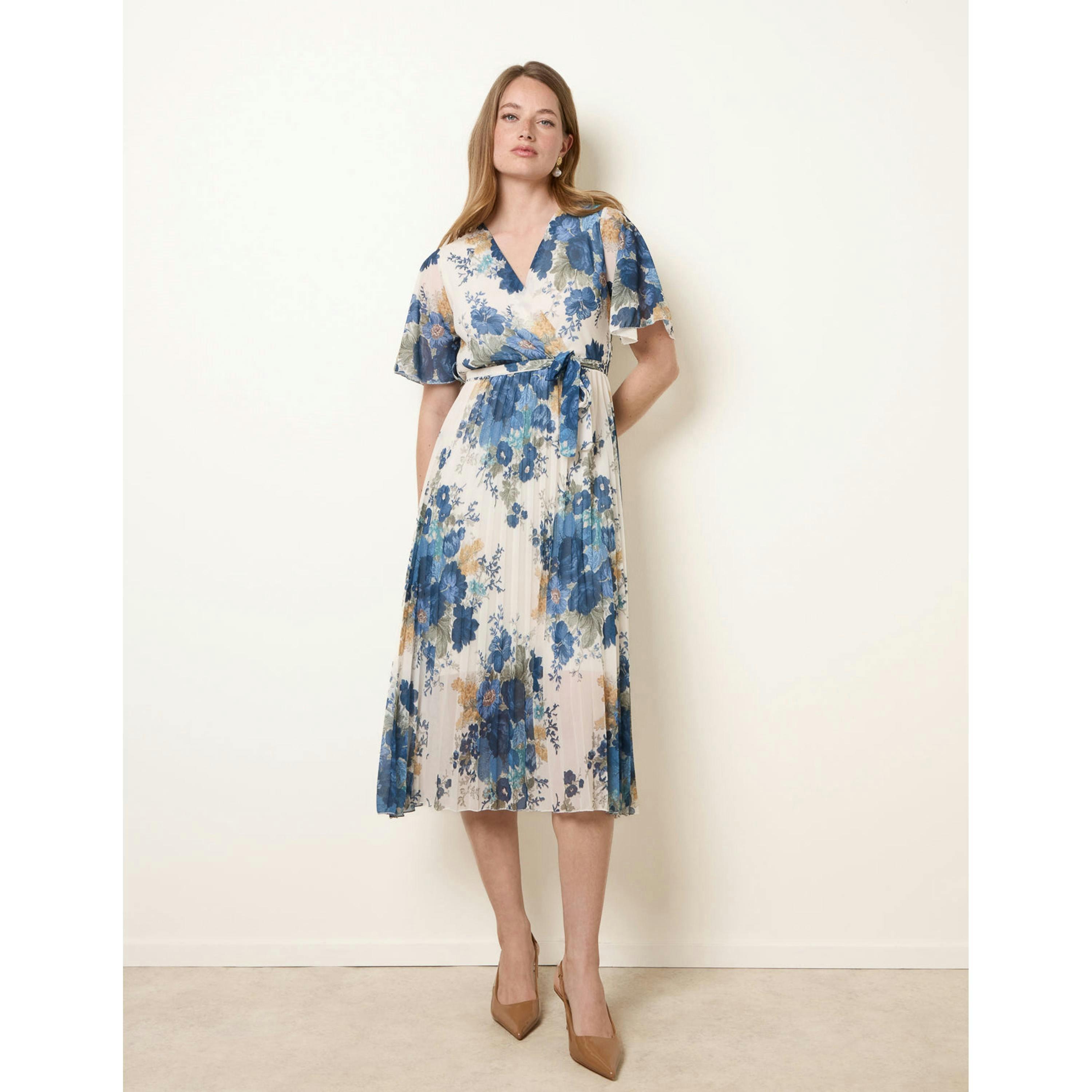 Blue Vanilla Crossover Pleated Print Dress  in White , view 1 of 4
