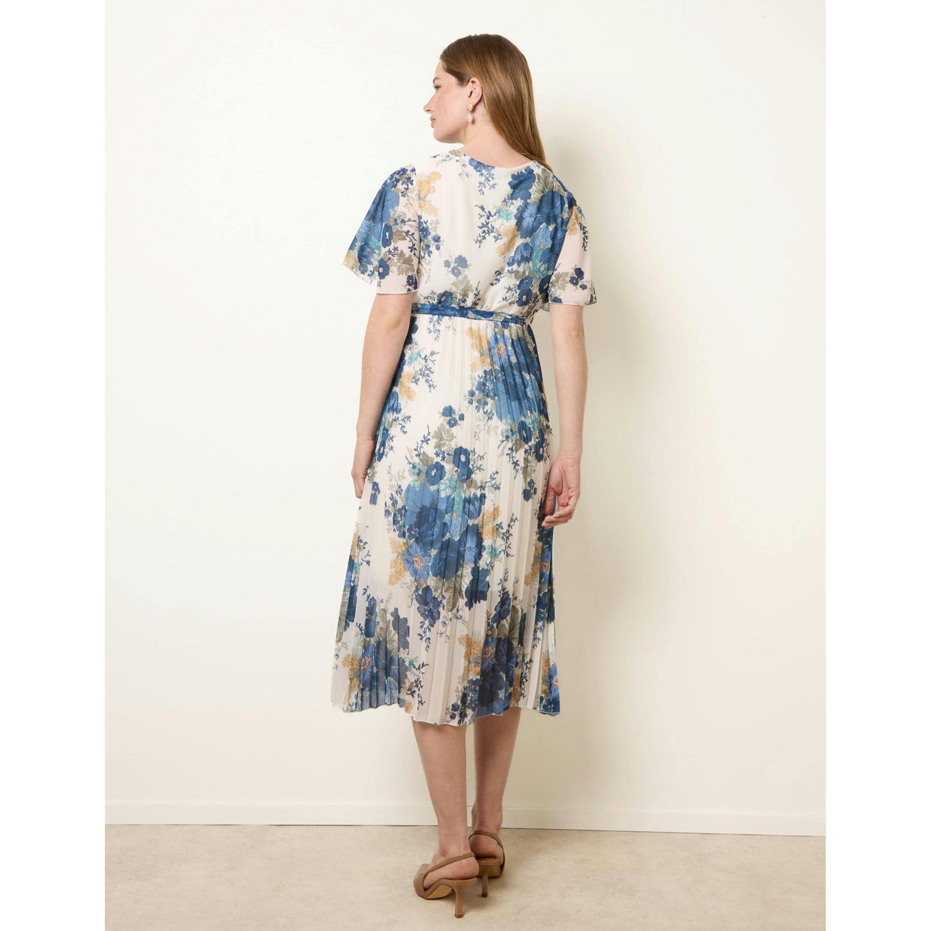 Blue Vanilla Crossover Pleated Print Dress  in White , view 2 of 4
