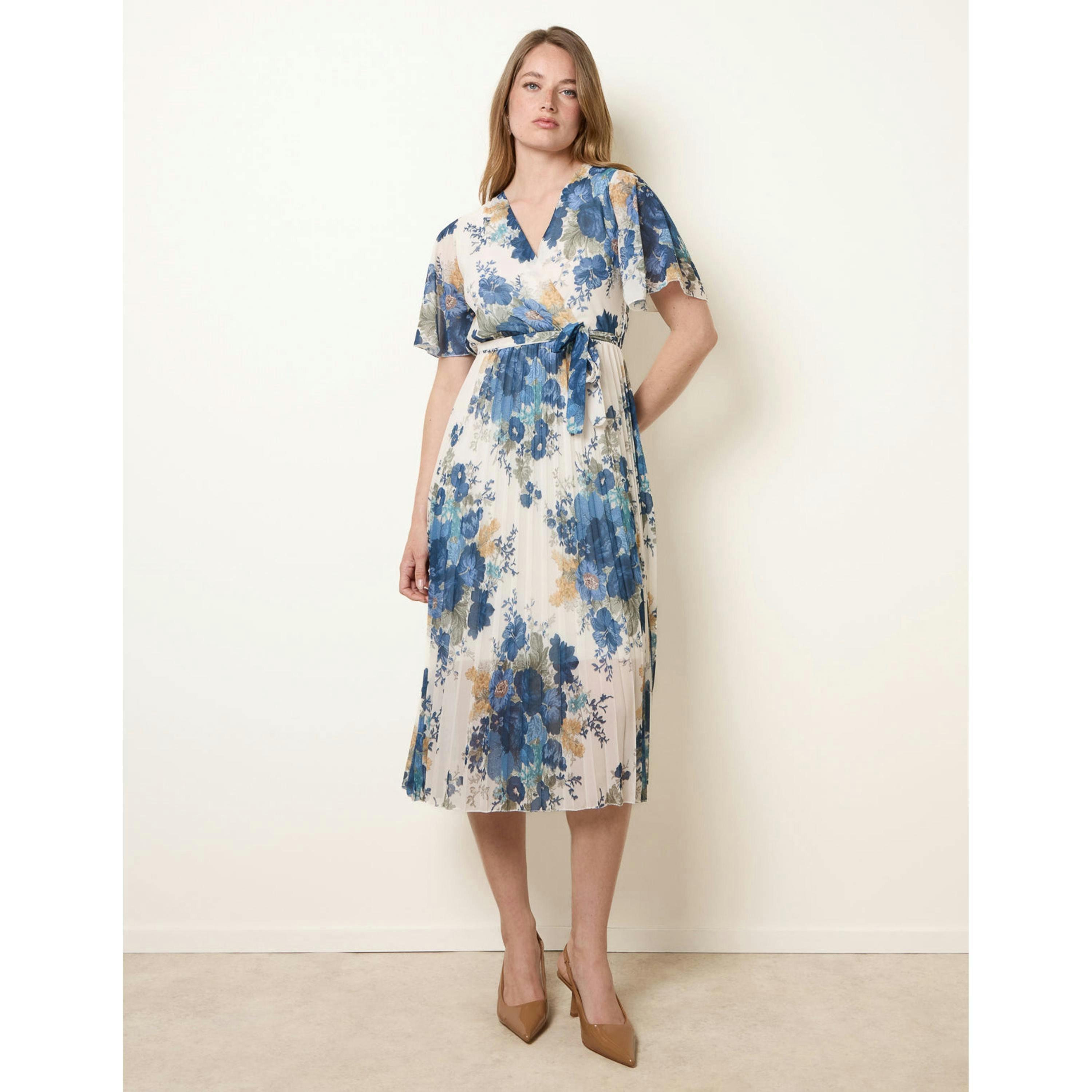 Blue Vanilla Crossover Pleated Print Dress  in White , view 4 of 4