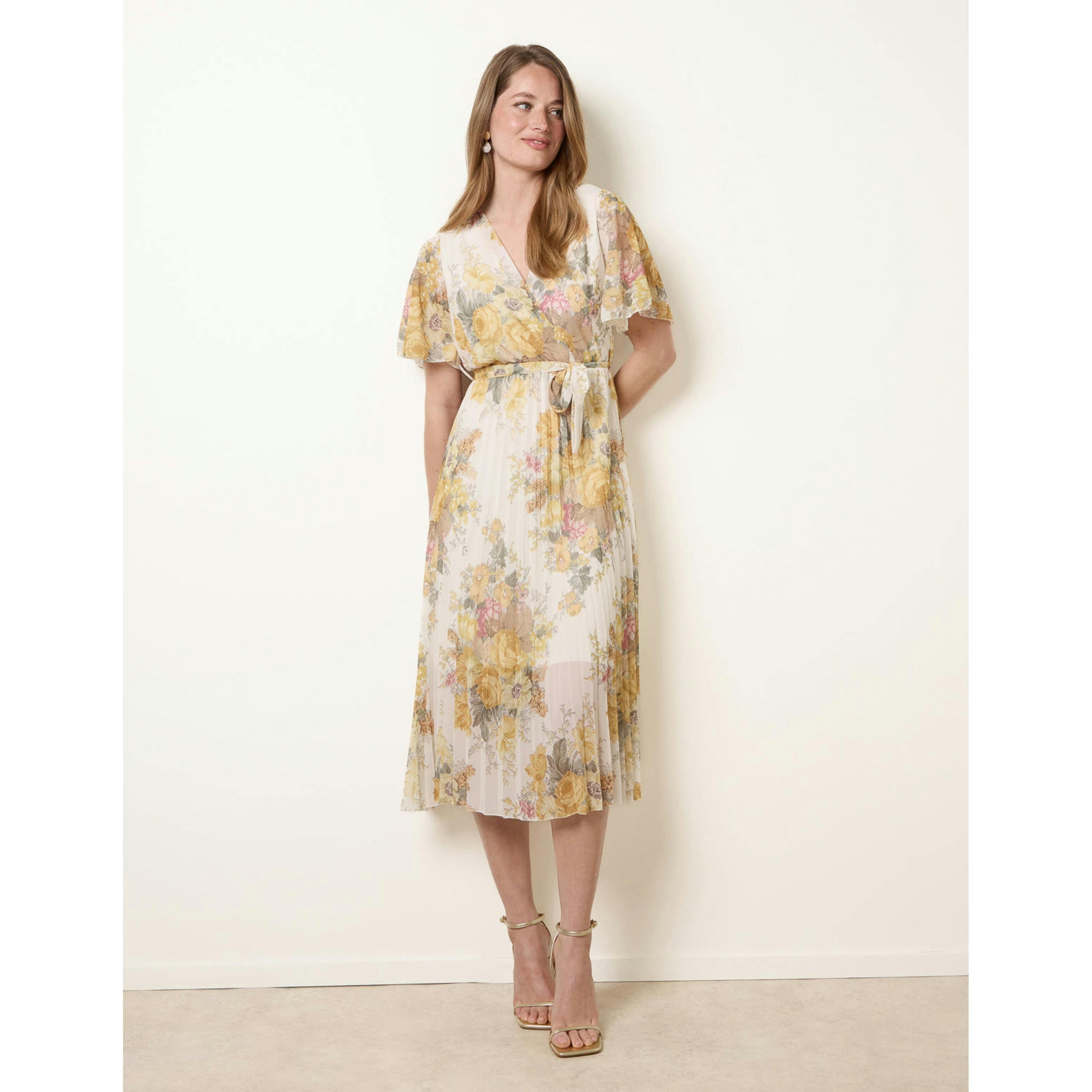 Blue Vanilla Crossover Pleated Print Dress  in White , view 1 of 4