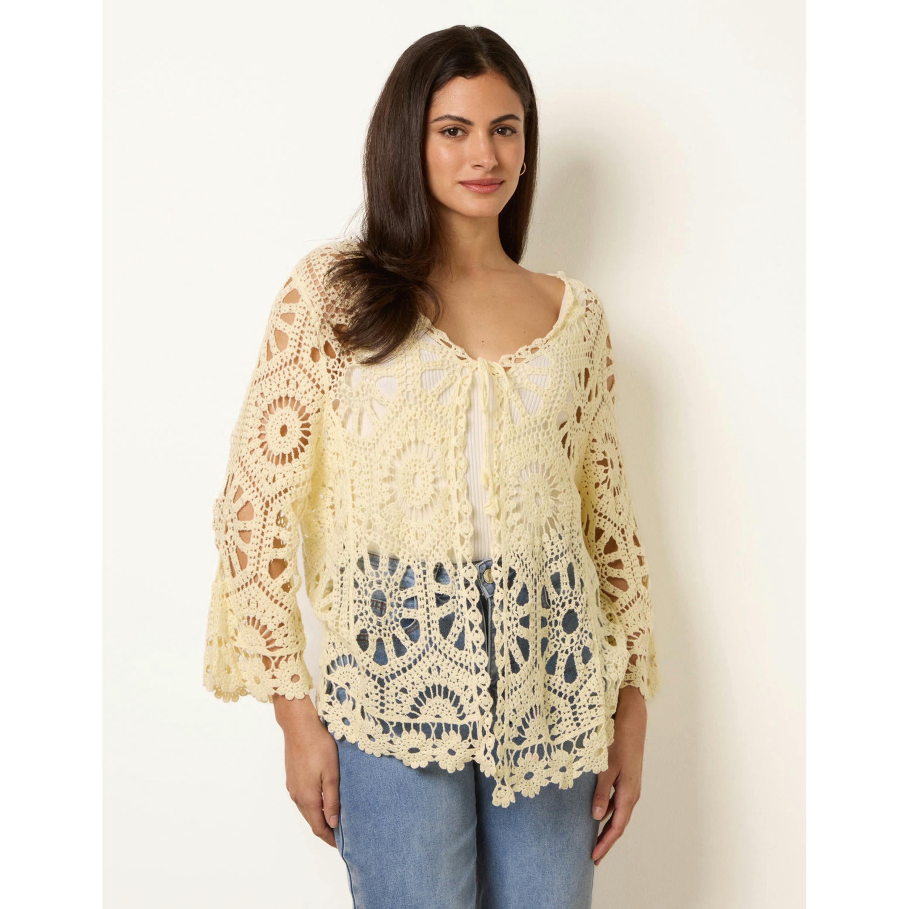 Blue Vanilla Long-Sleeved Crochet Cardigan  in Yellow , view 1 of 4