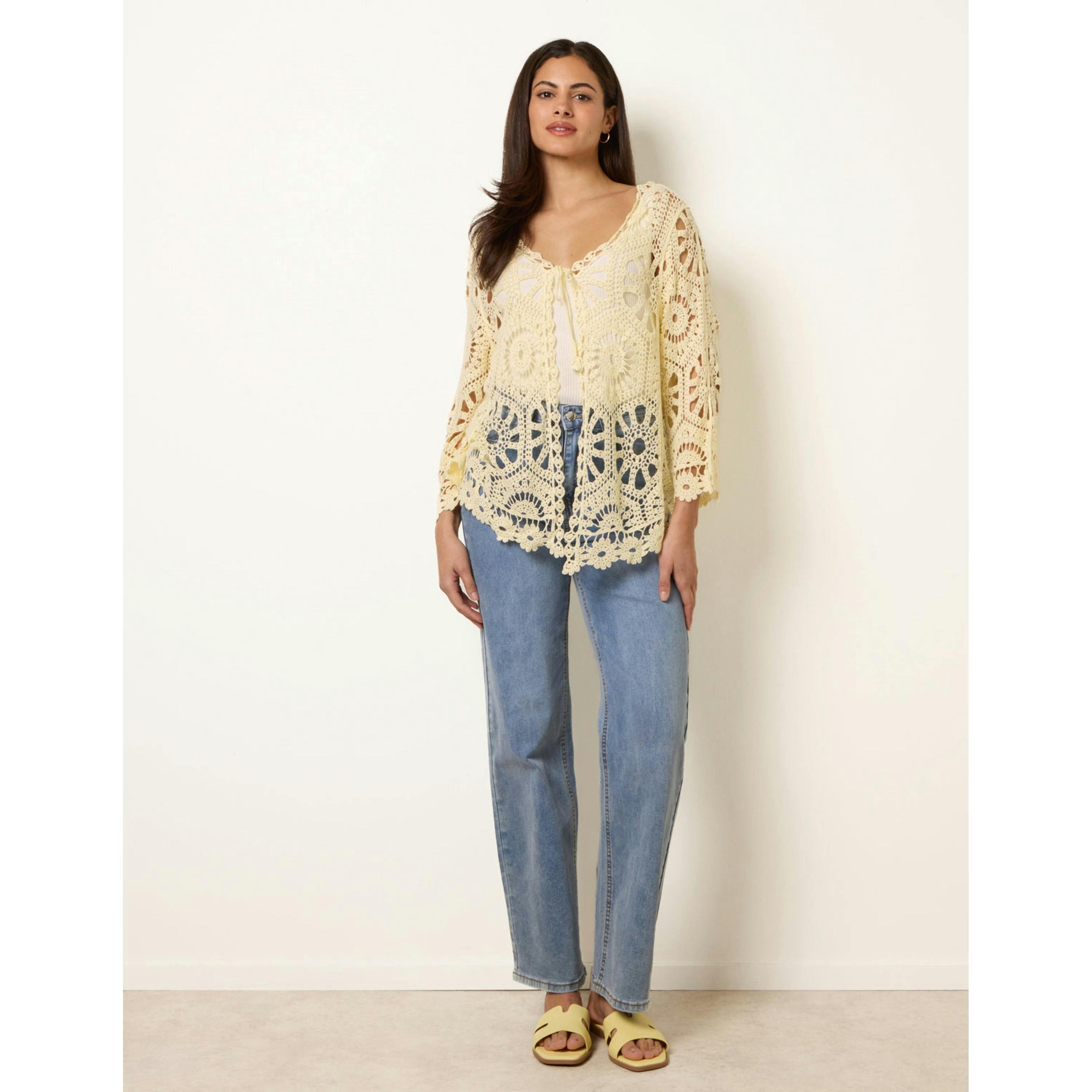 Blue Vanilla Long-Sleeved Crochet Cardigan  in Yellow , view 3 of 4