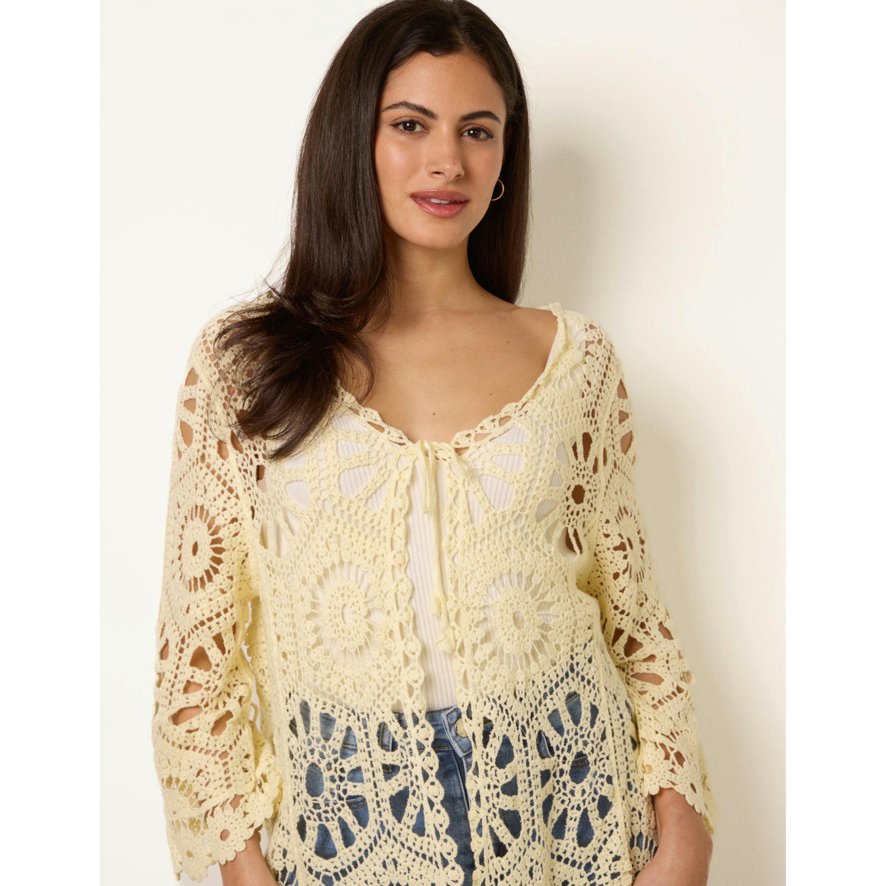 Blue Vanilla Long-Sleeved Crochet Cardigan  in Yellow , view 4 of 4