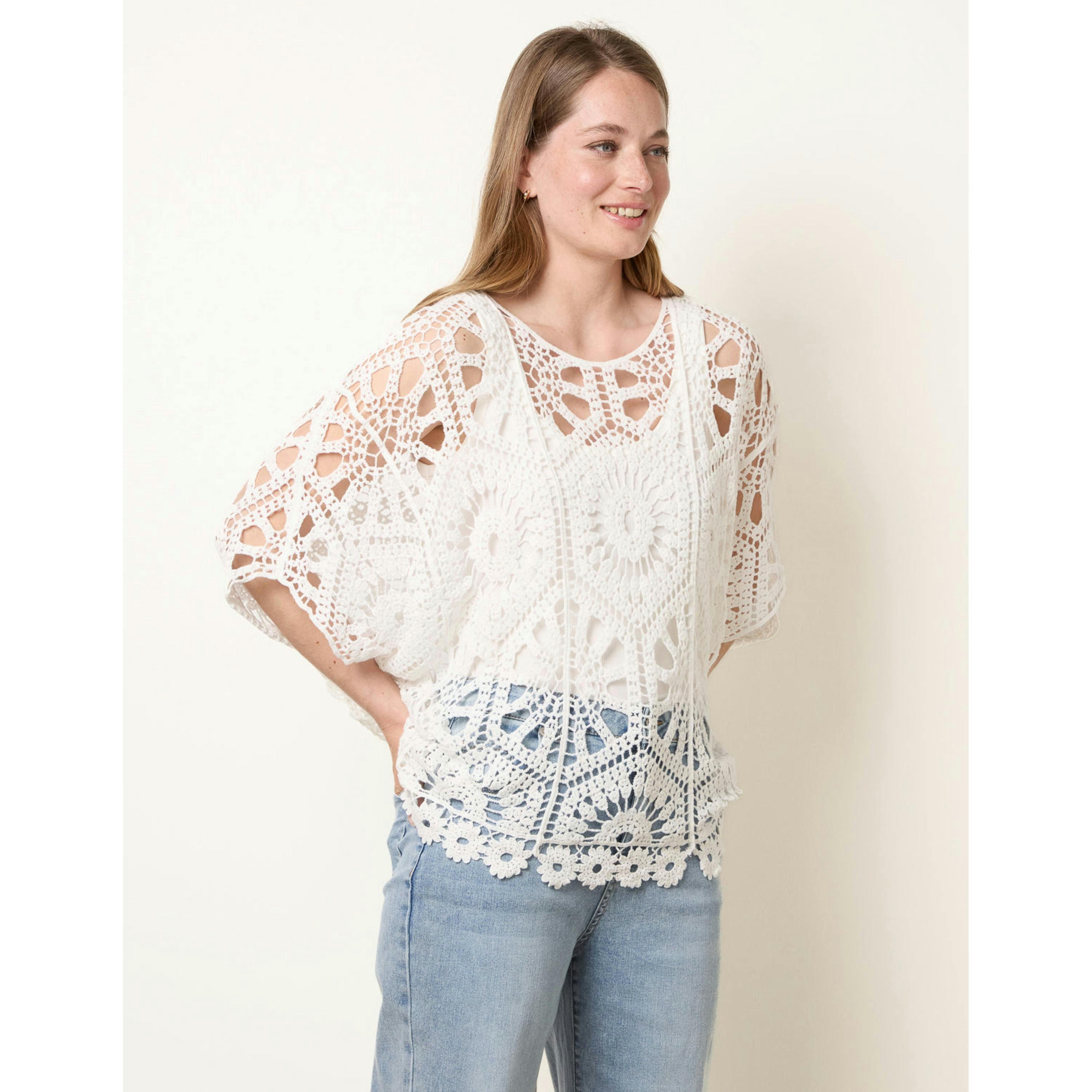 Blue Vanilla Crochet Detailed Kimono Top  in White , view 1 of 4