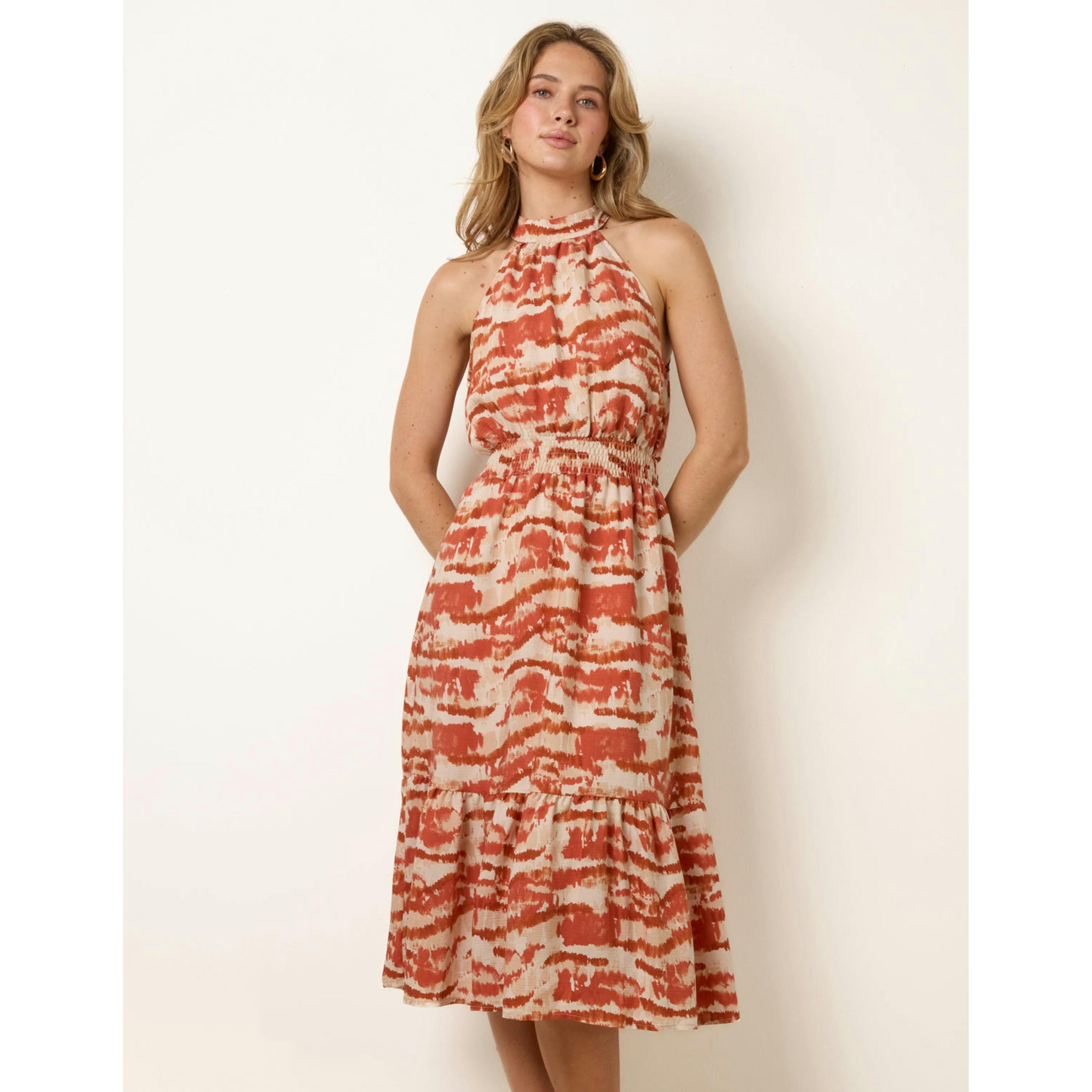 Blue Vanilla Blurred Tiered Halter Neck Midi Dress  in Rust , view 4 of 5