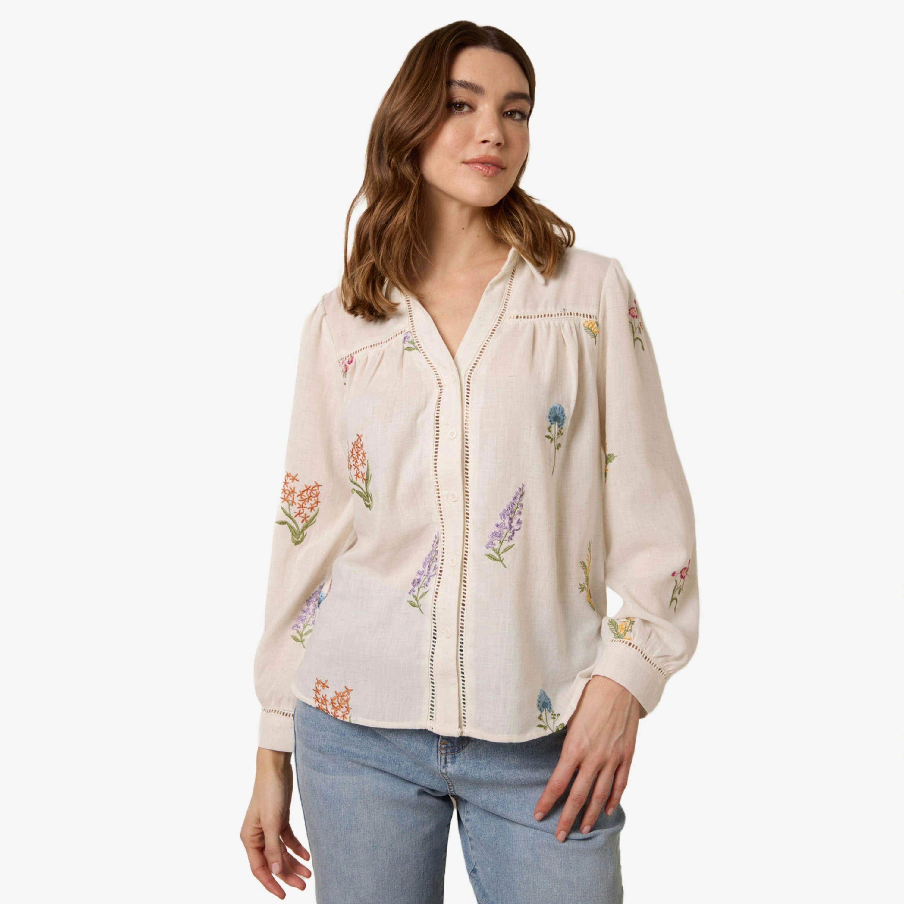Blue Vanilla Long Sleeve Embroidered Button Front Blouse   in  Stone , view 1 of 4
