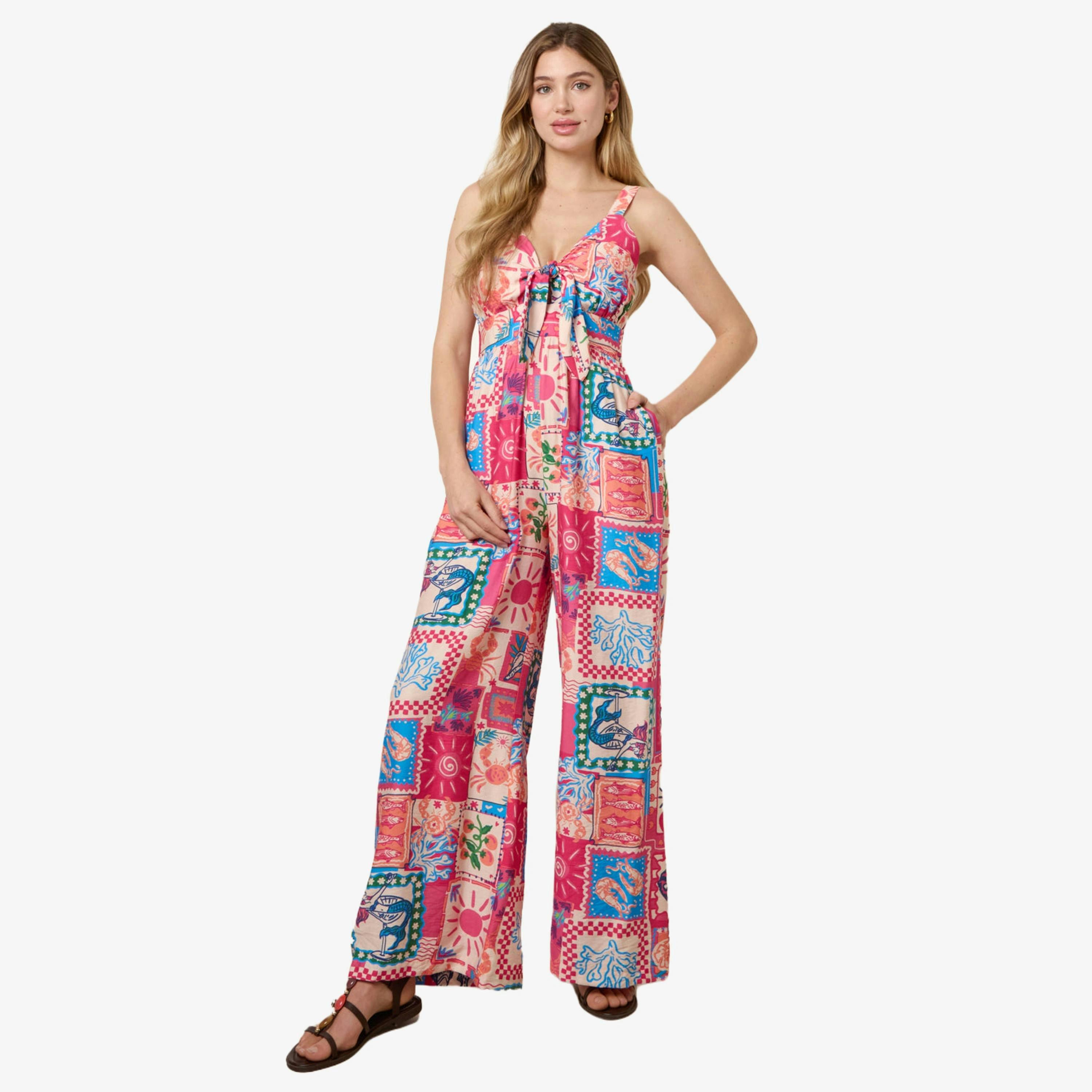 Blue Vanilla Tie Front Jumpsuit In Postcard Print   in  Pink , view 1 of 4