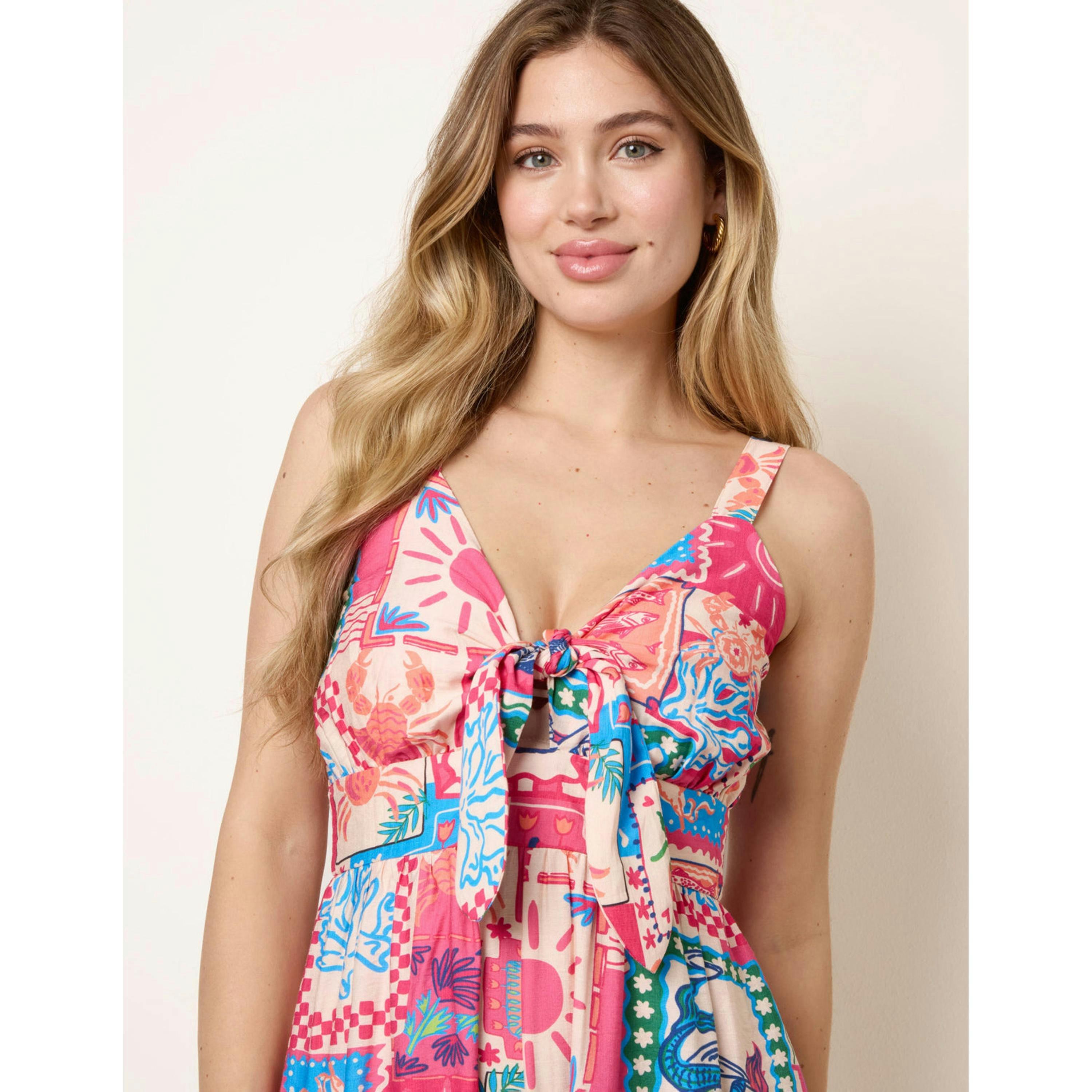 Blue Vanilla Tie Front Jumpsuit In Postcard Print  in Pink , view 3 of 4