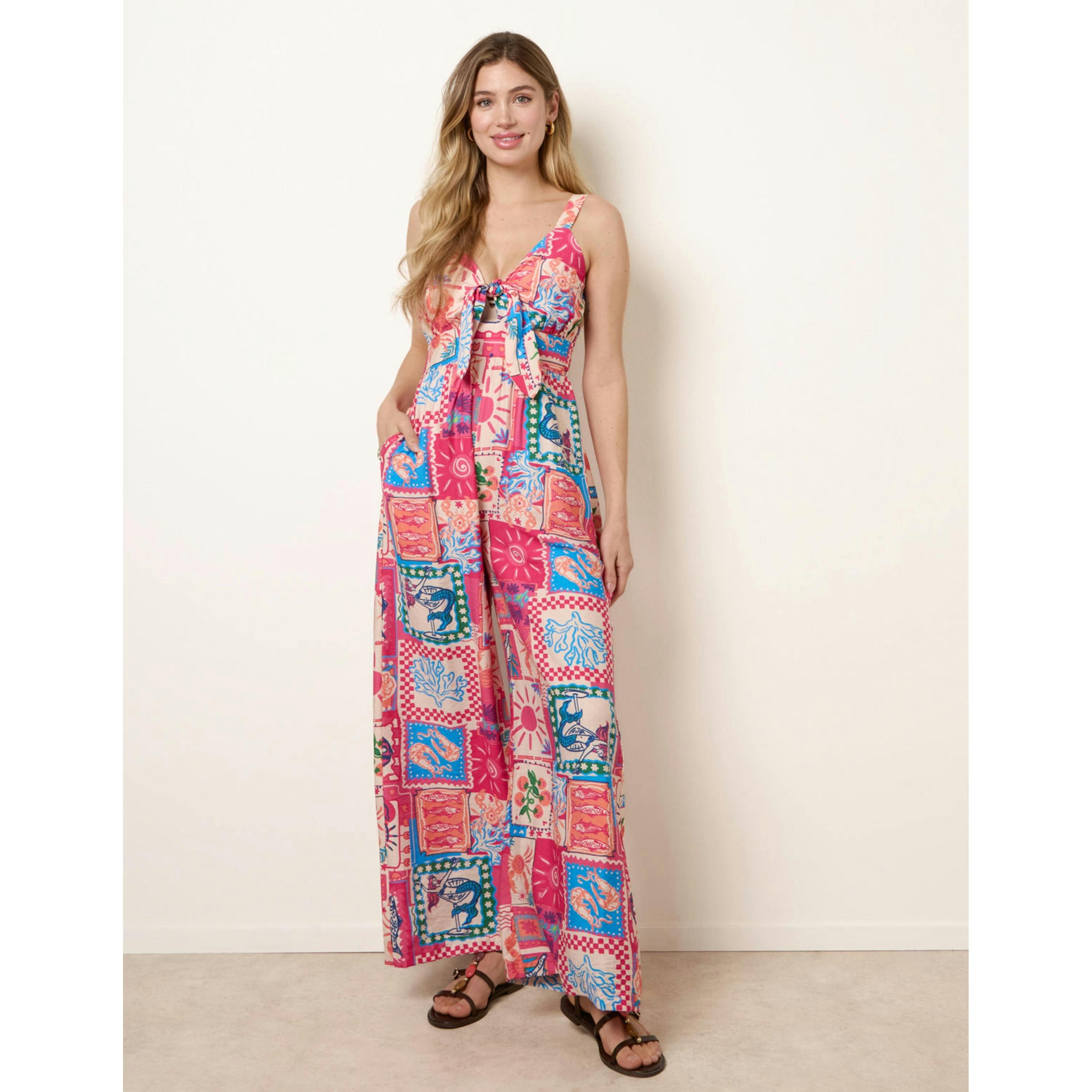 Blue Vanilla Tie Front Jumpsuit In Postcard Print  in Pink , view 4 of 4
