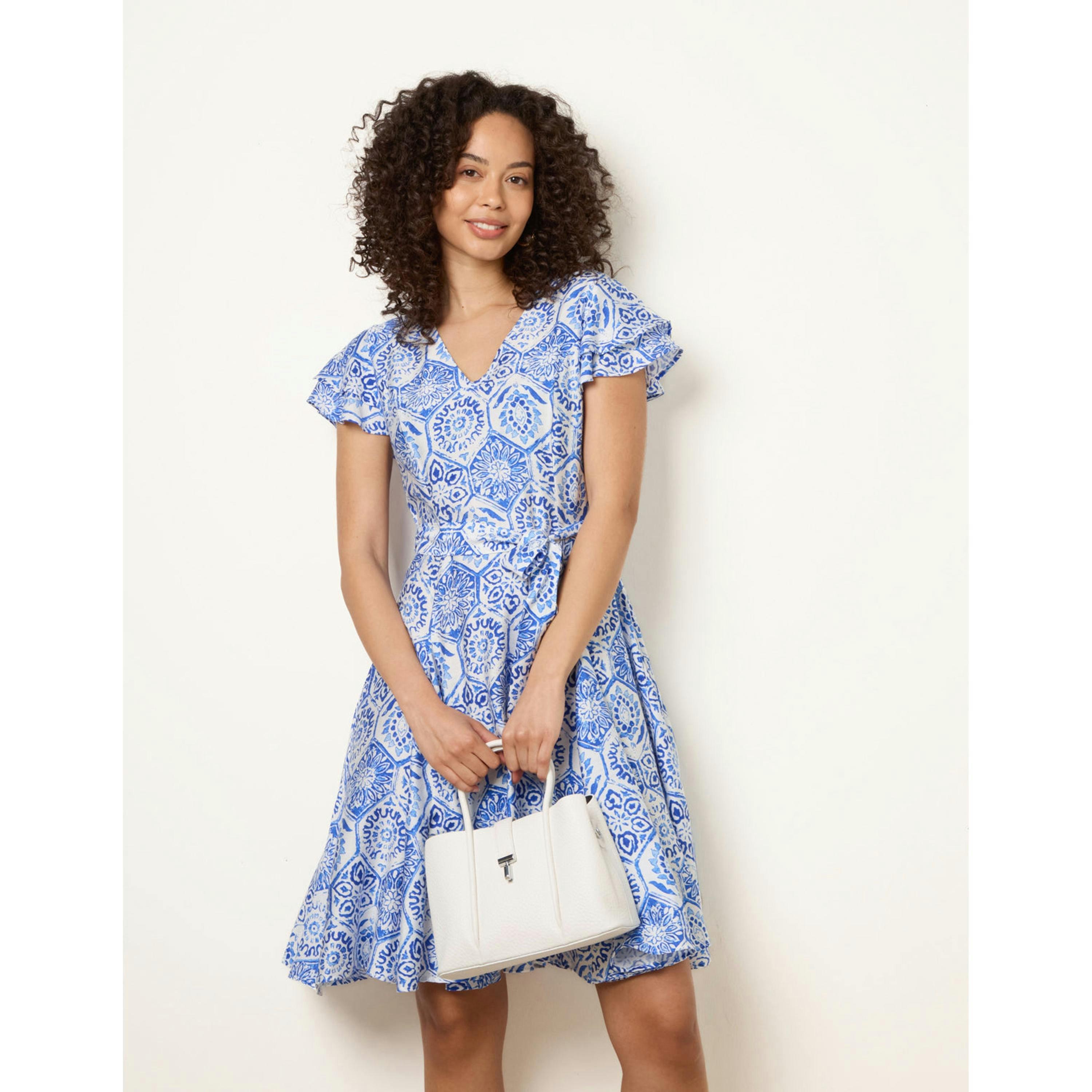 Blue Vanilla V Neck Godet Dress  in Blue , view 3 of 4