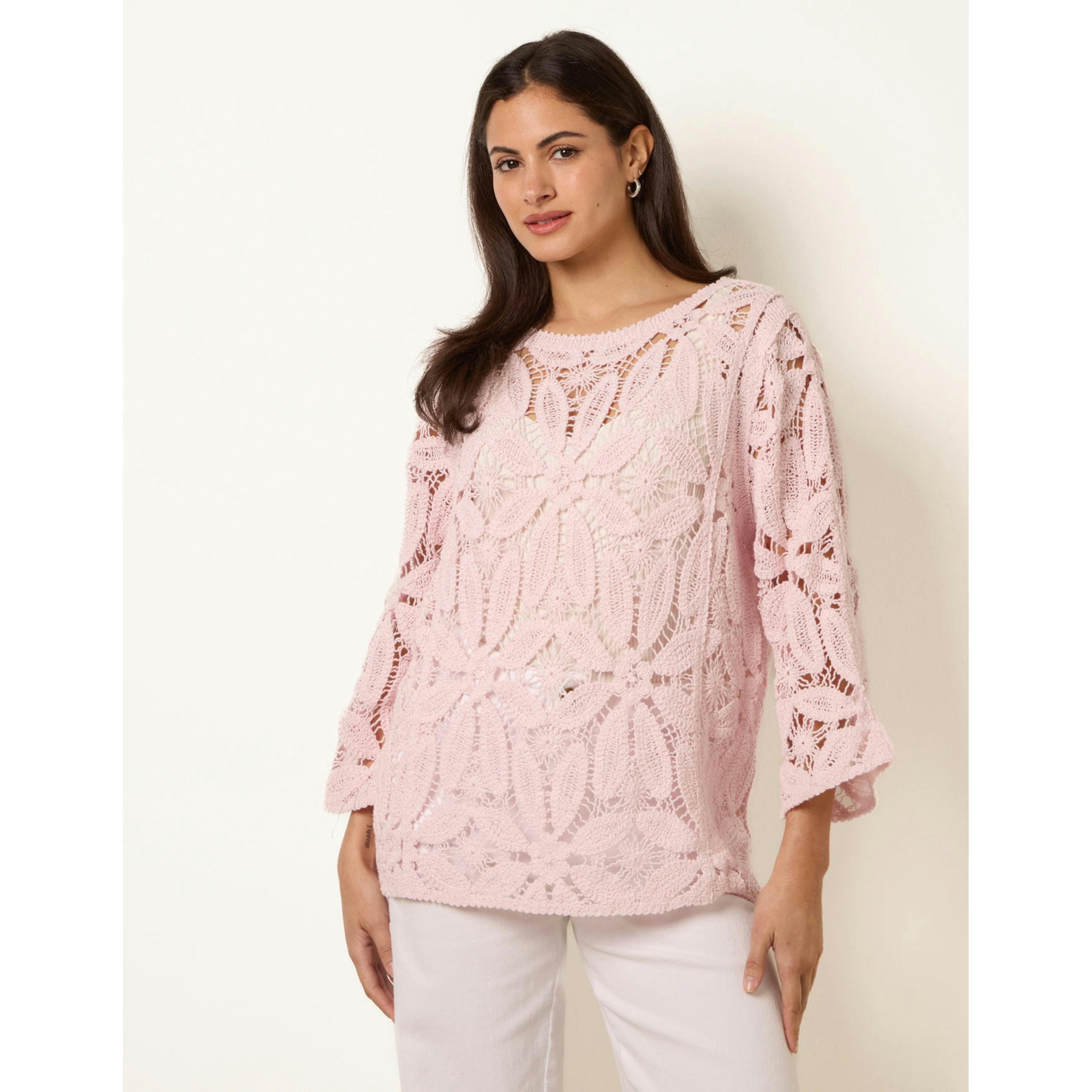 Blue Vanilla Flower Crochet Long Sleeve Top  in Pink , view 1 of 4