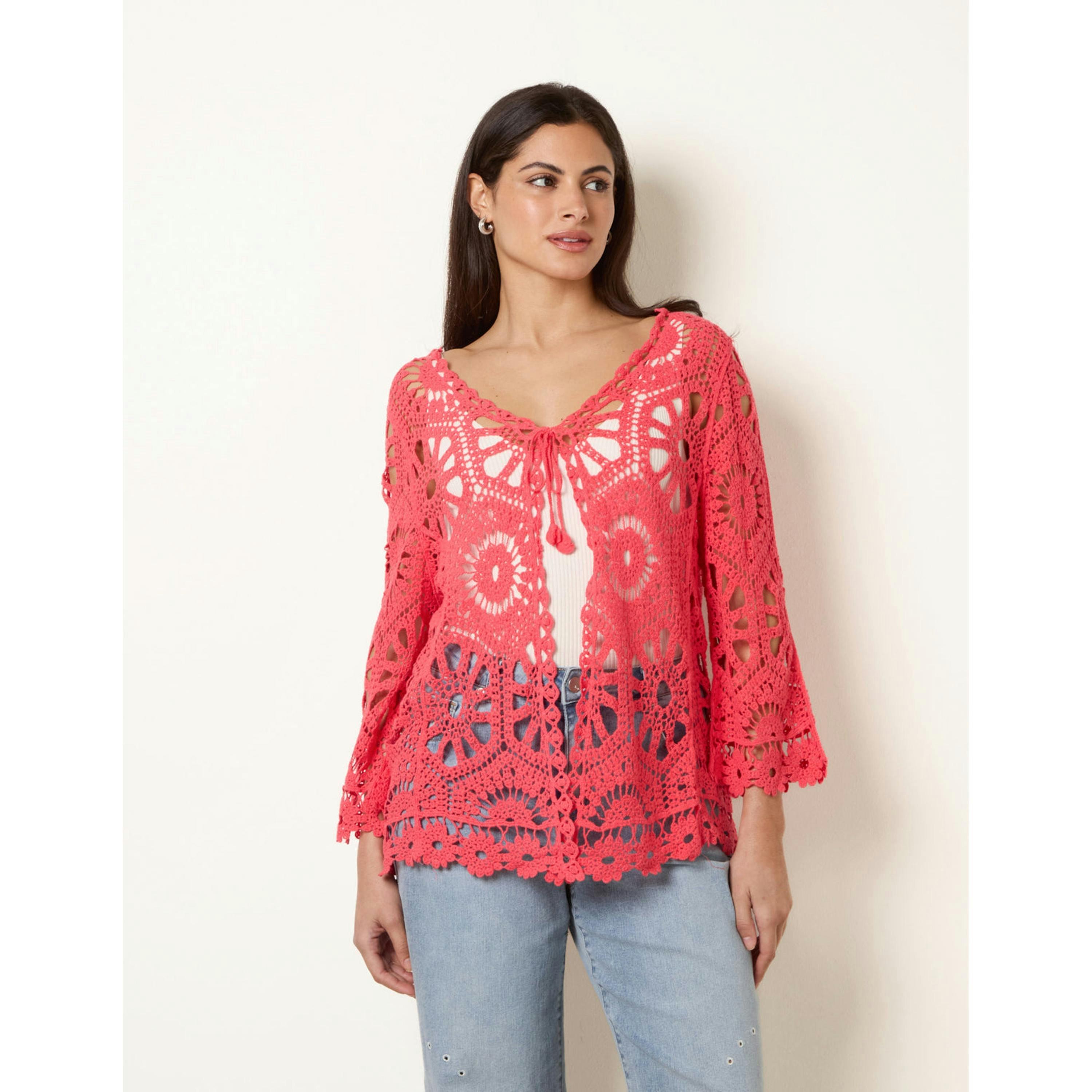 Blue Vanilla Long-Sleeved Crochet Cardigan  in Coral , view 1 of 4