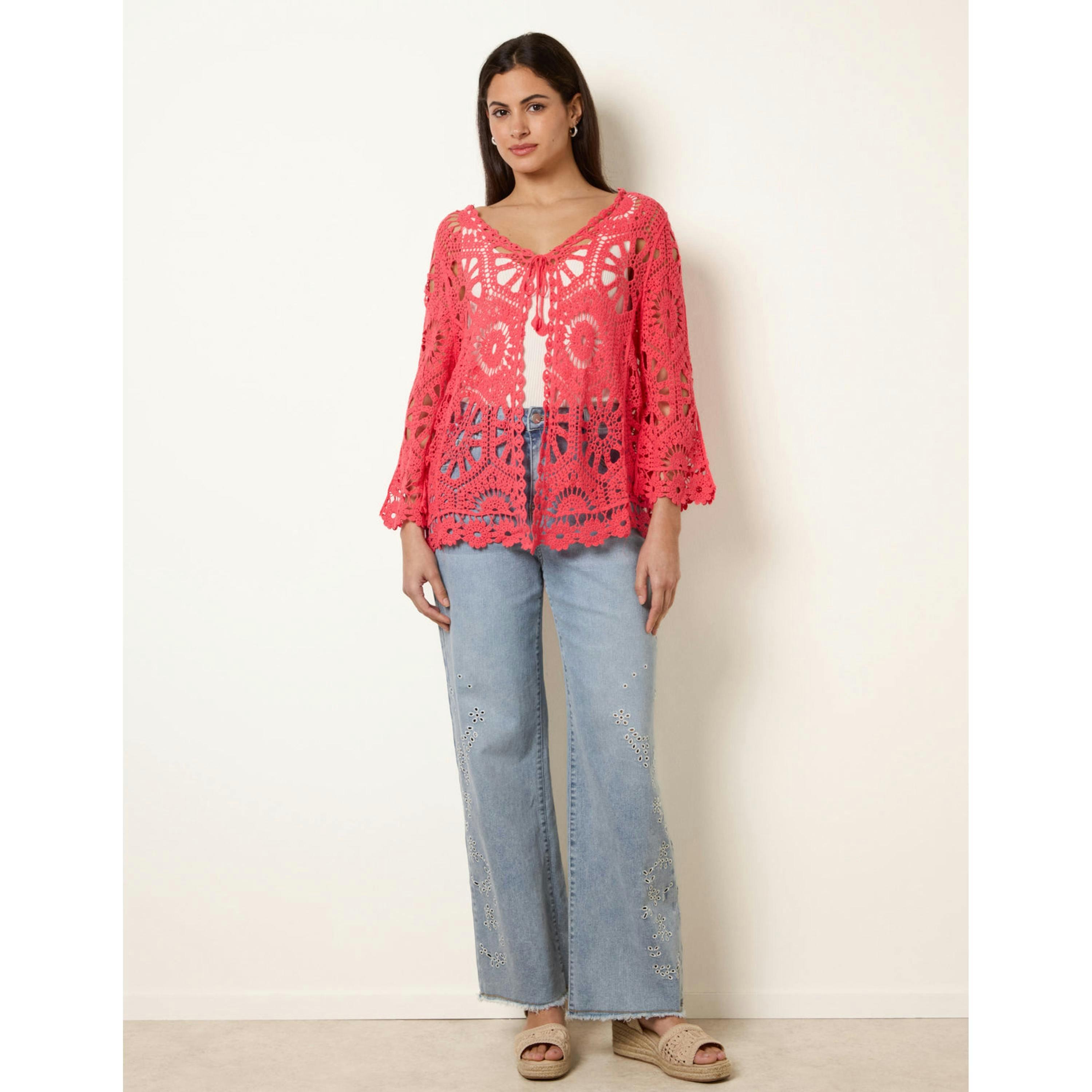 Blue Vanilla Long-Sleeved Crochet Cardigan  in Coral , view 2 of 4
