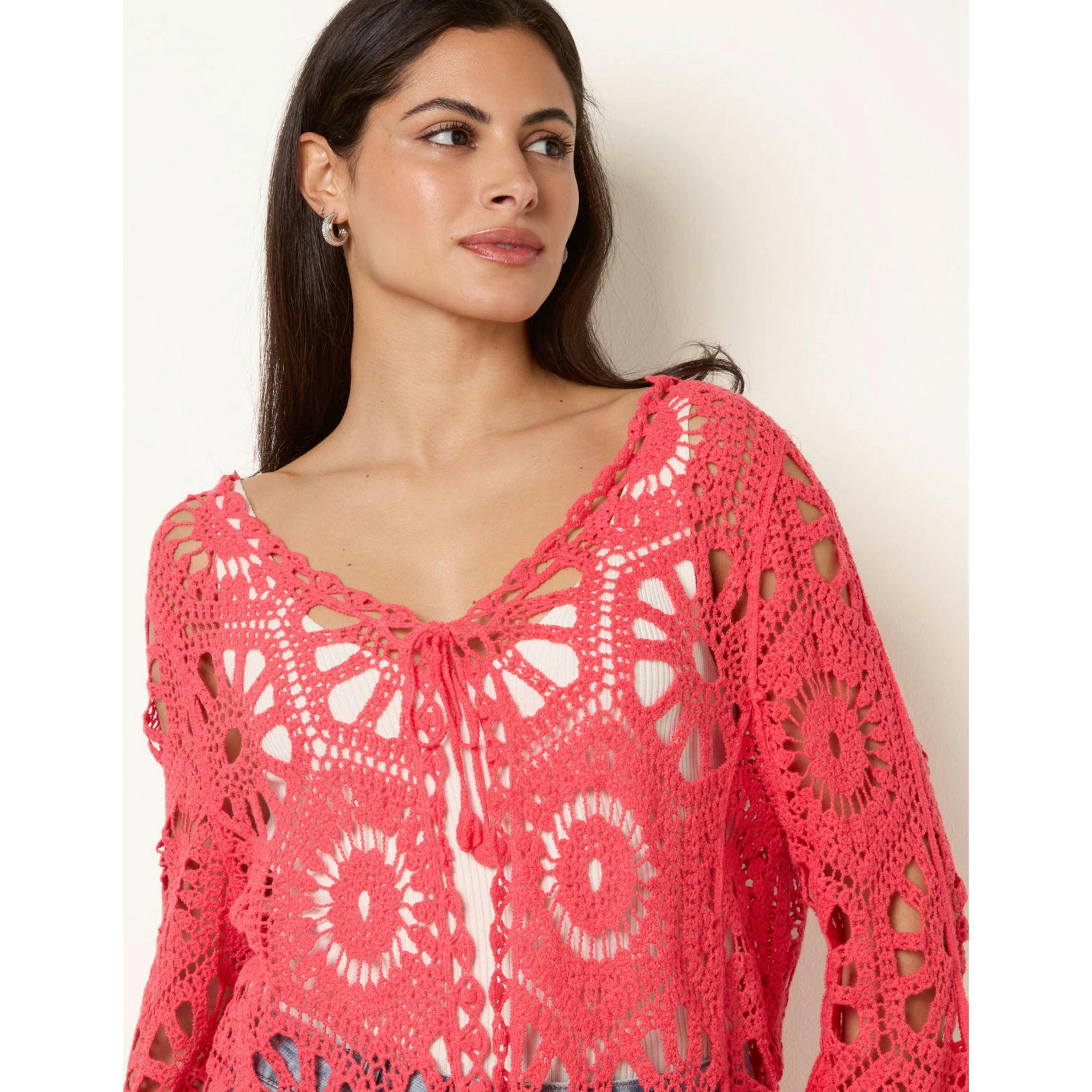 Blue Vanilla Long-Sleeved Crochet Cardigan  in Coral , view 3 of 4