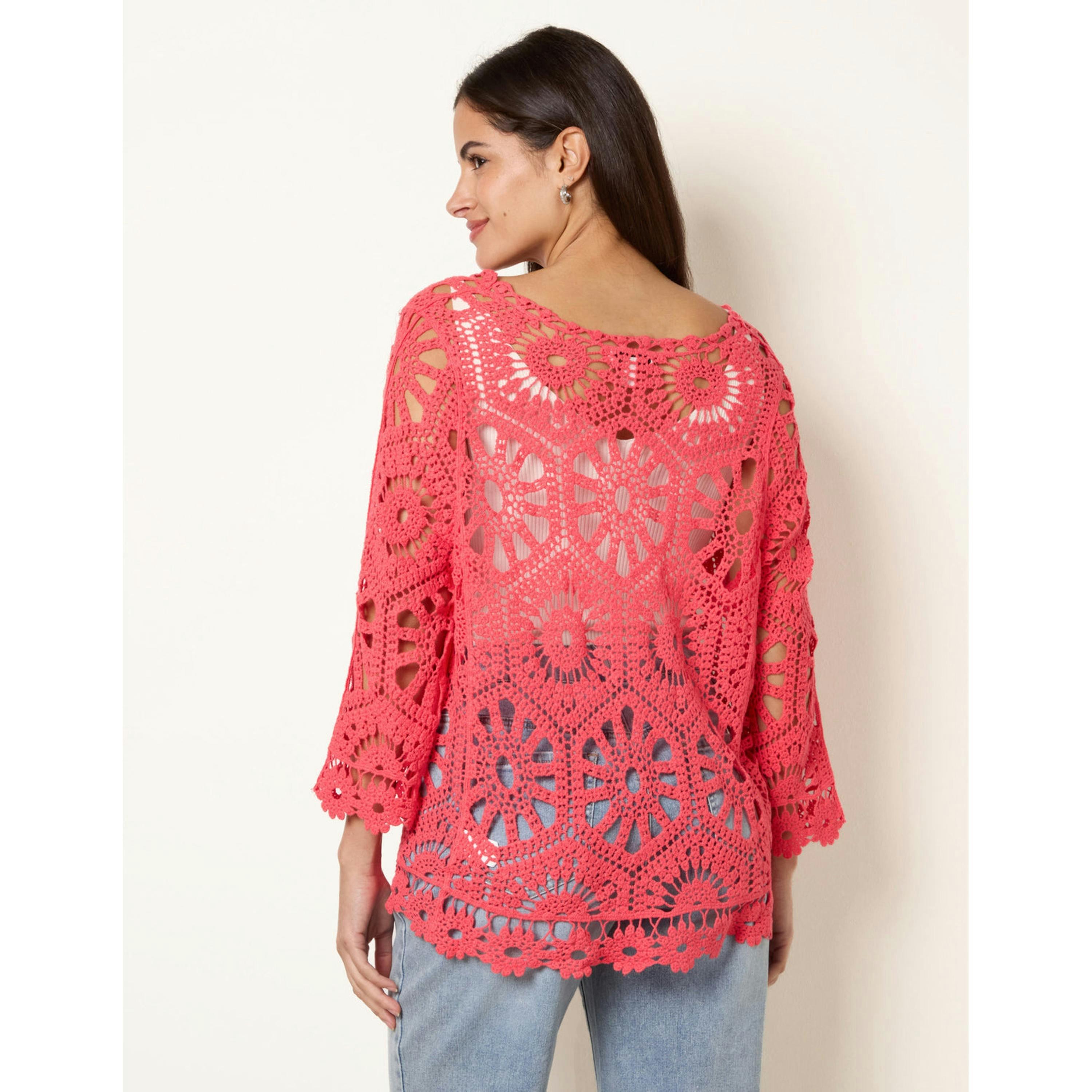 Blue Vanilla Long-Sleeved Crochet Cardigan  in Coral , view 4 of 4