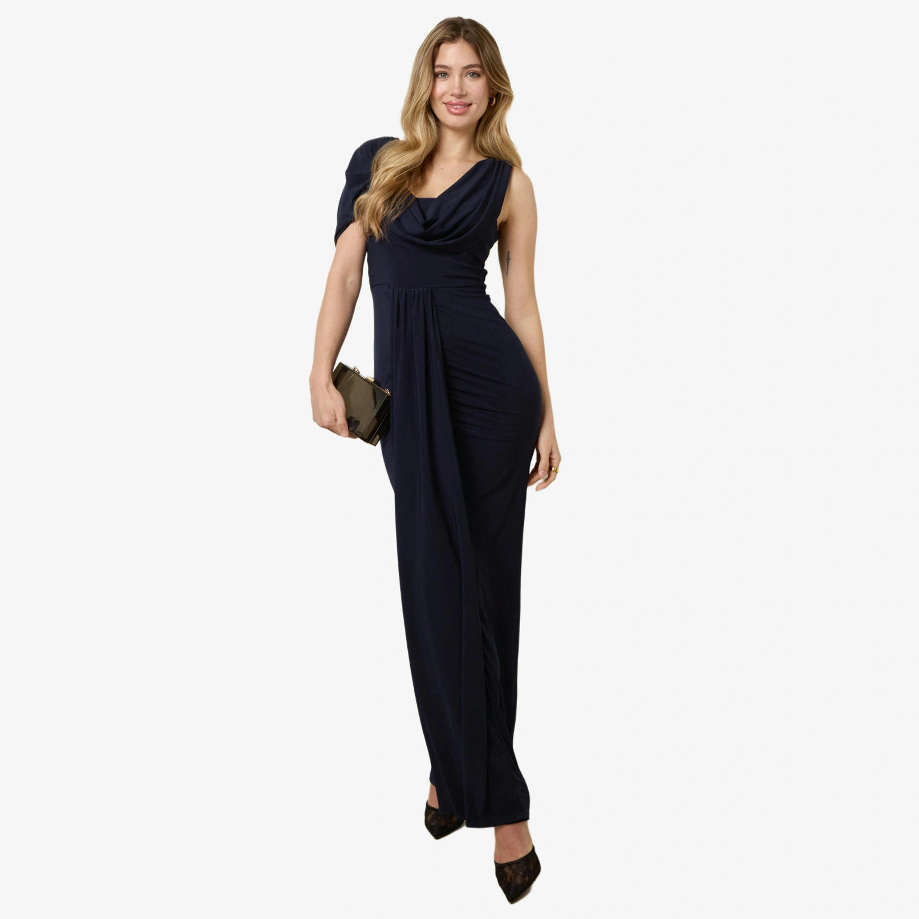 Blue Vanilla Interlock Twist Yarn Drape Detail Off Shoulder Dress   in  Navy , view 1 of 4