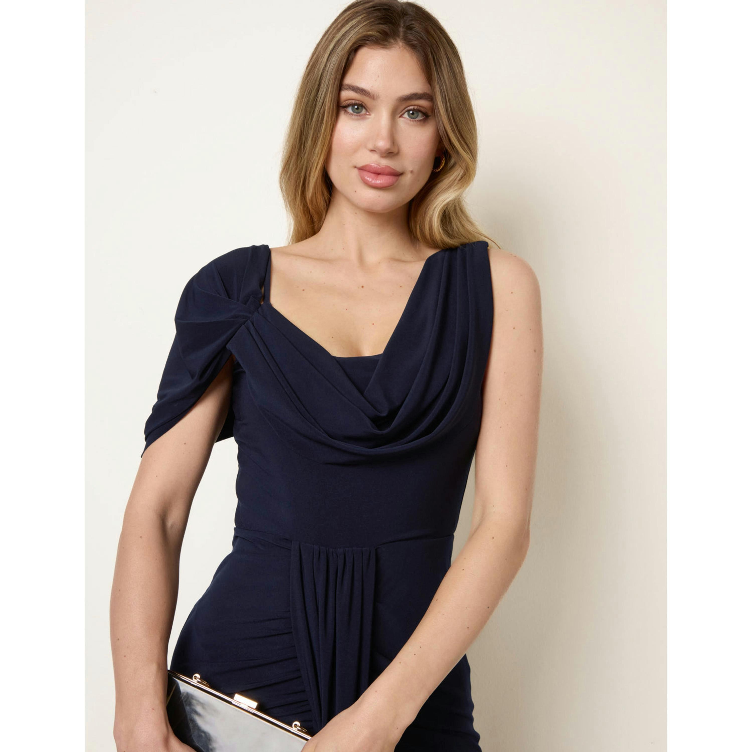Blue Vanilla Interlock Twist Yarn Drape Detail Off Shoulder Dress  in Navy , view 2 of 4