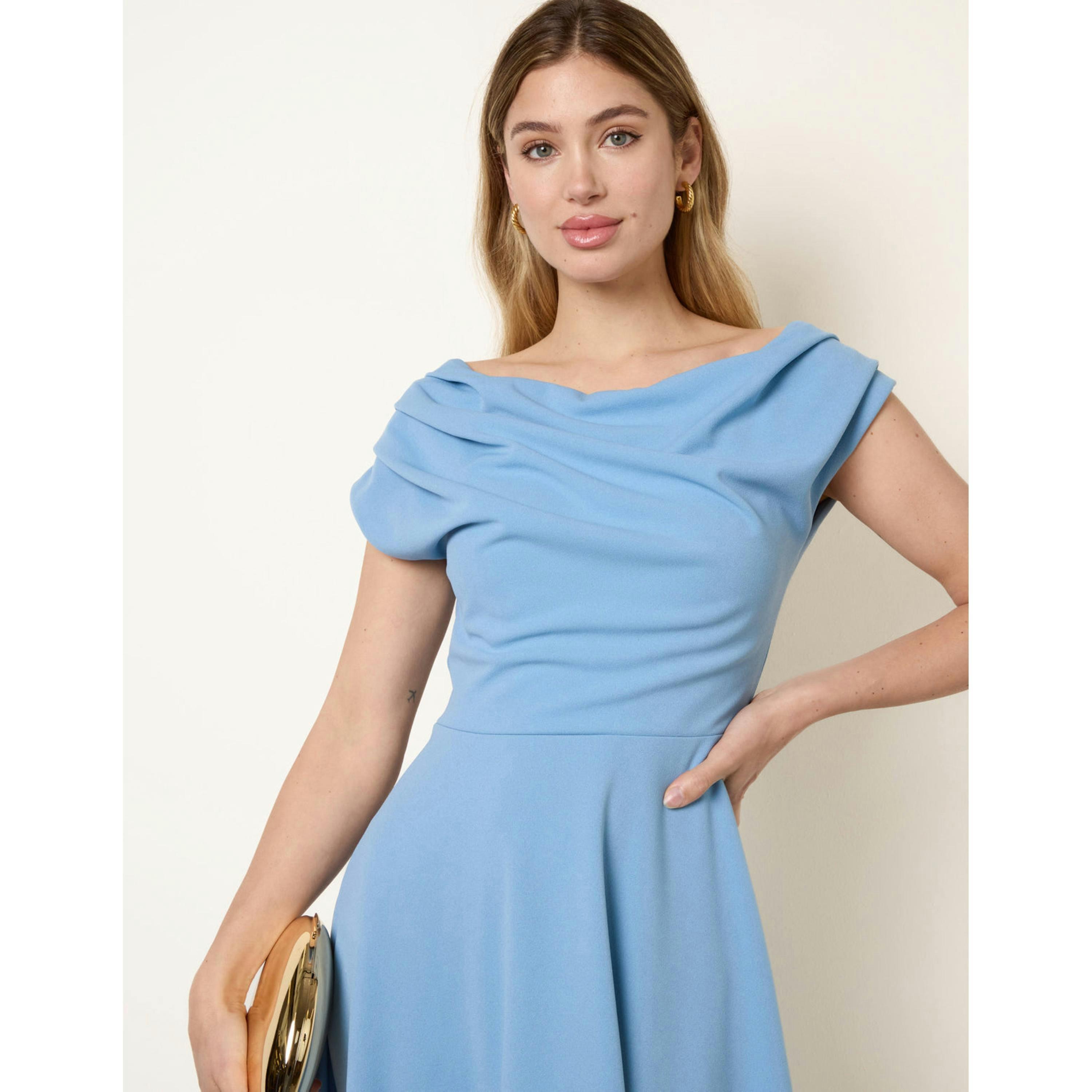 Blue Vanilla Scuba Crepe Off-Shoulder Skater Dress  in Blue , view 3 of 4