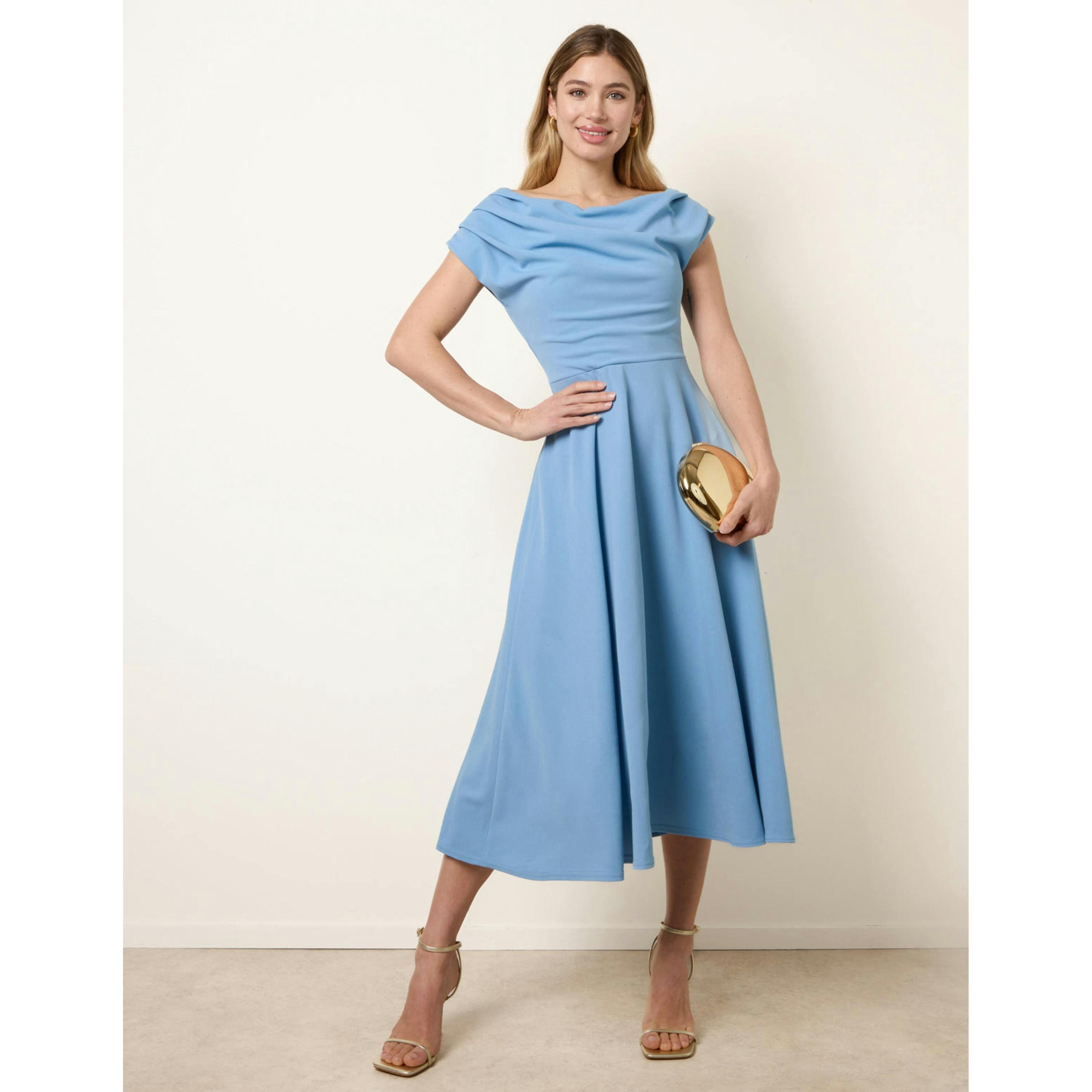 Blue Vanilla Scuba Crepe Off-Shoulder Skater Dress  in Blue , view 4 of 4