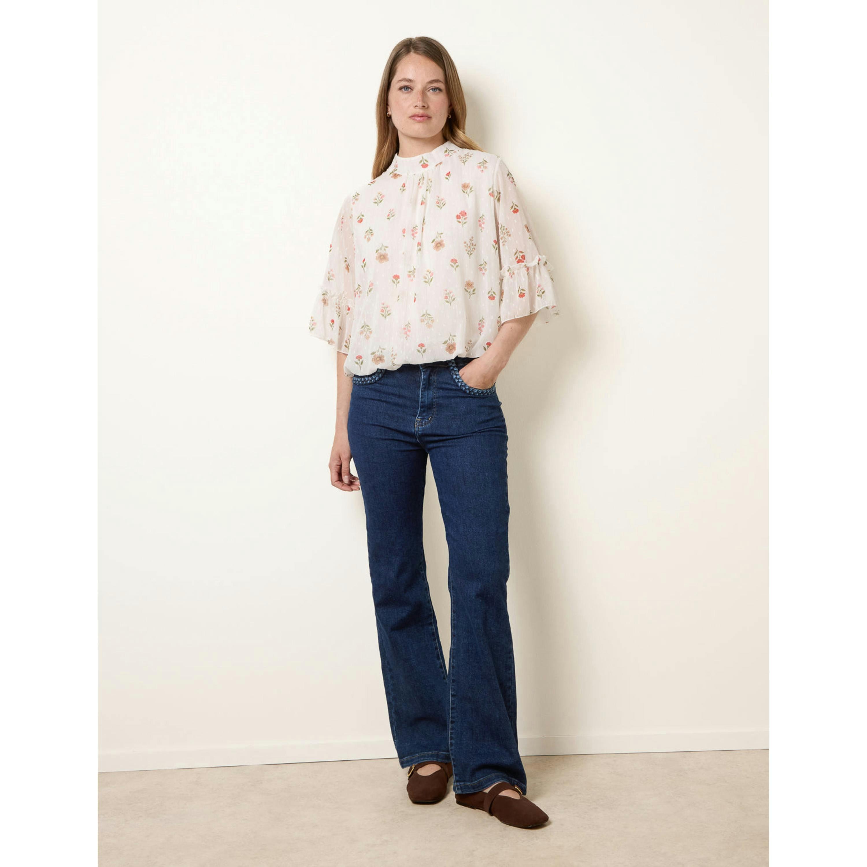 Blue Vanilla High Neck Frill Sleeve Dobby Floral Print Puffball Blouse  in White , view 1 of 4