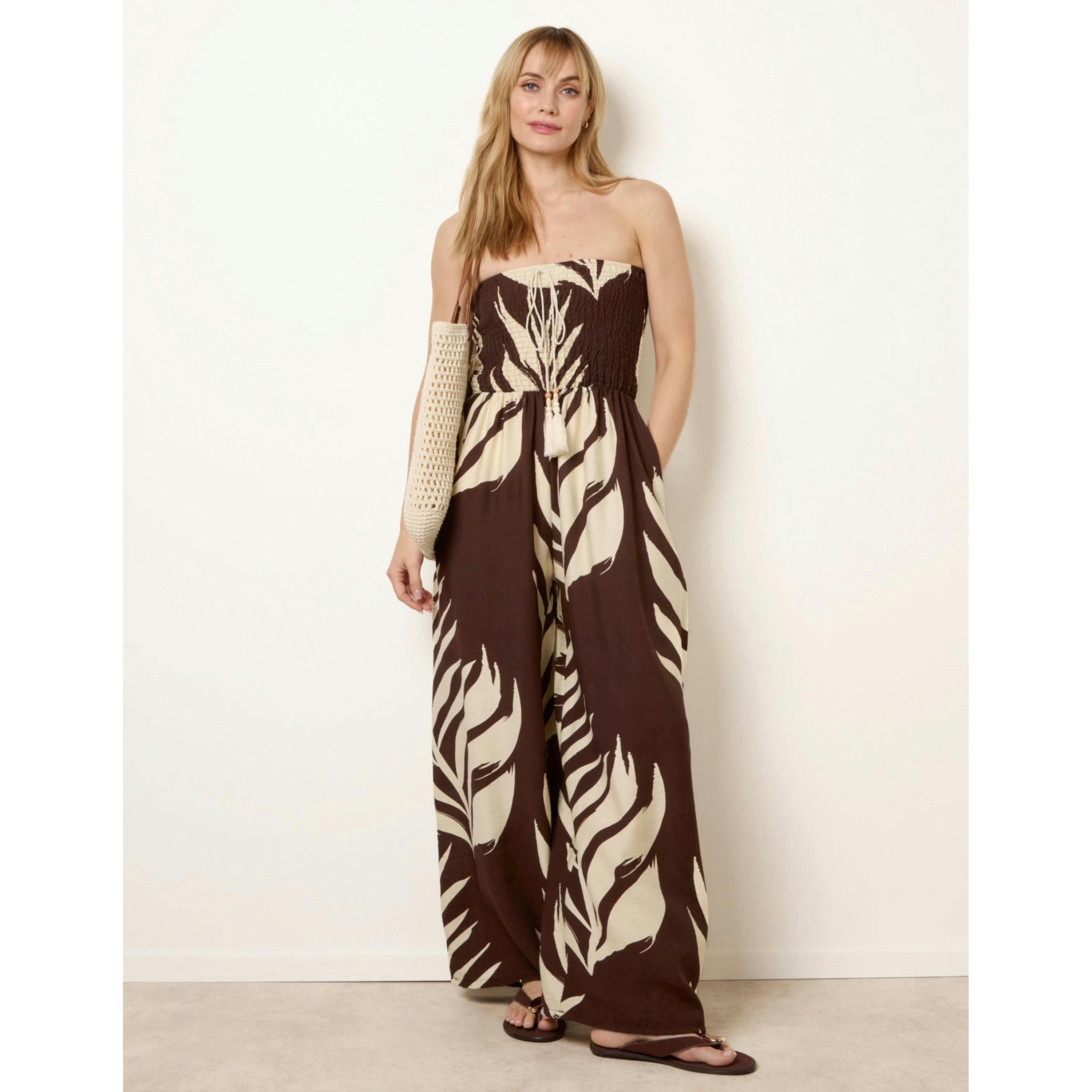 Blue Vanilla Printed Bandeau Tie Neck Shirred Jumpsuit  in Brown , view 1 of 4